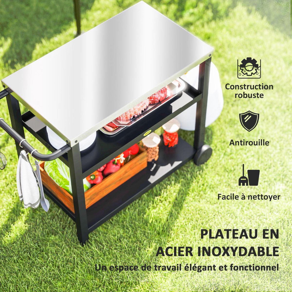 OUTSUNNY Desserte jardin - chariot pour plancha barbecue - 2 étagères, 4 + 1 crochets - métal gris plateau acier inox