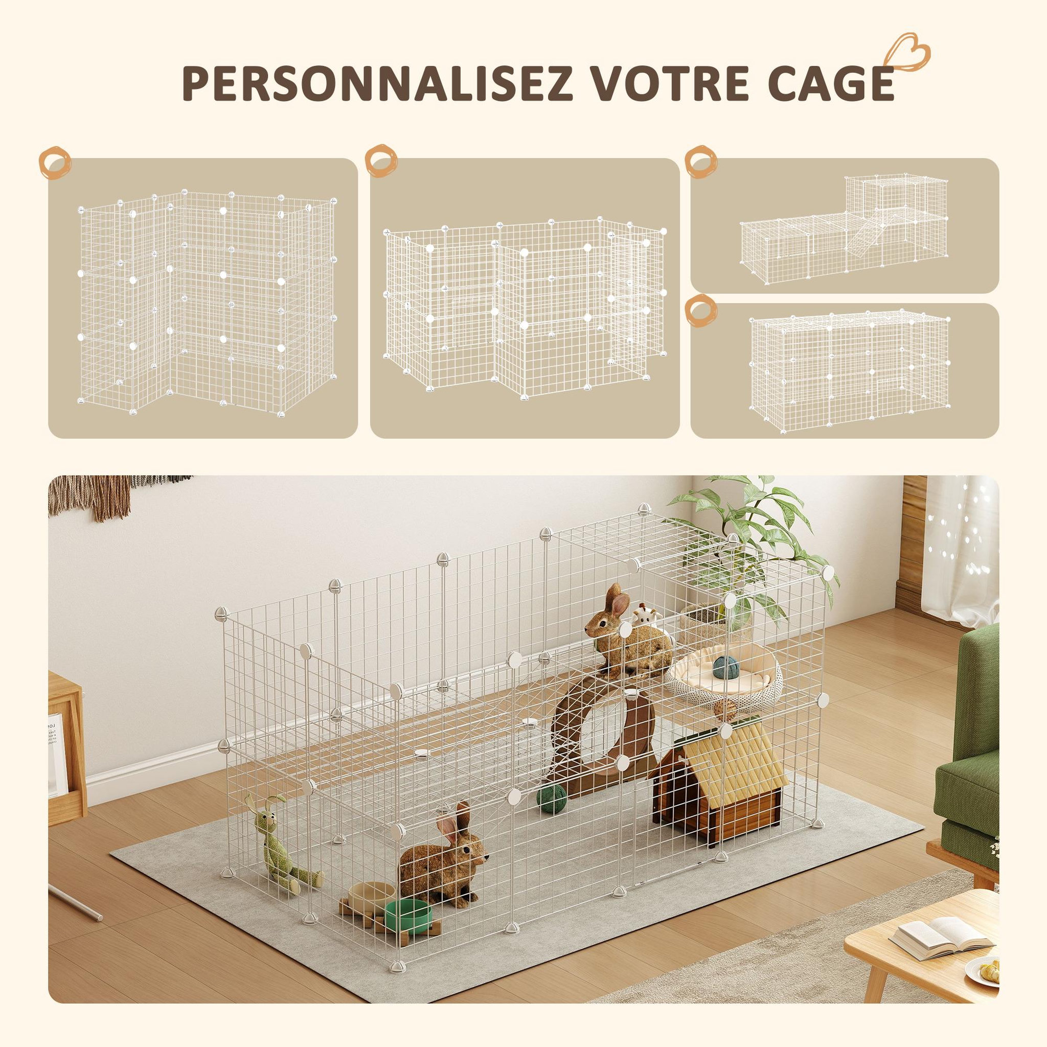 Voir la diapositive 4 : PAWHUT Cage parc enclos pour animaux domestiques l 146 x l 73 x h 73 cm modulable 2 niveaux 36 panneaux bords arrondis fil métallique blanc