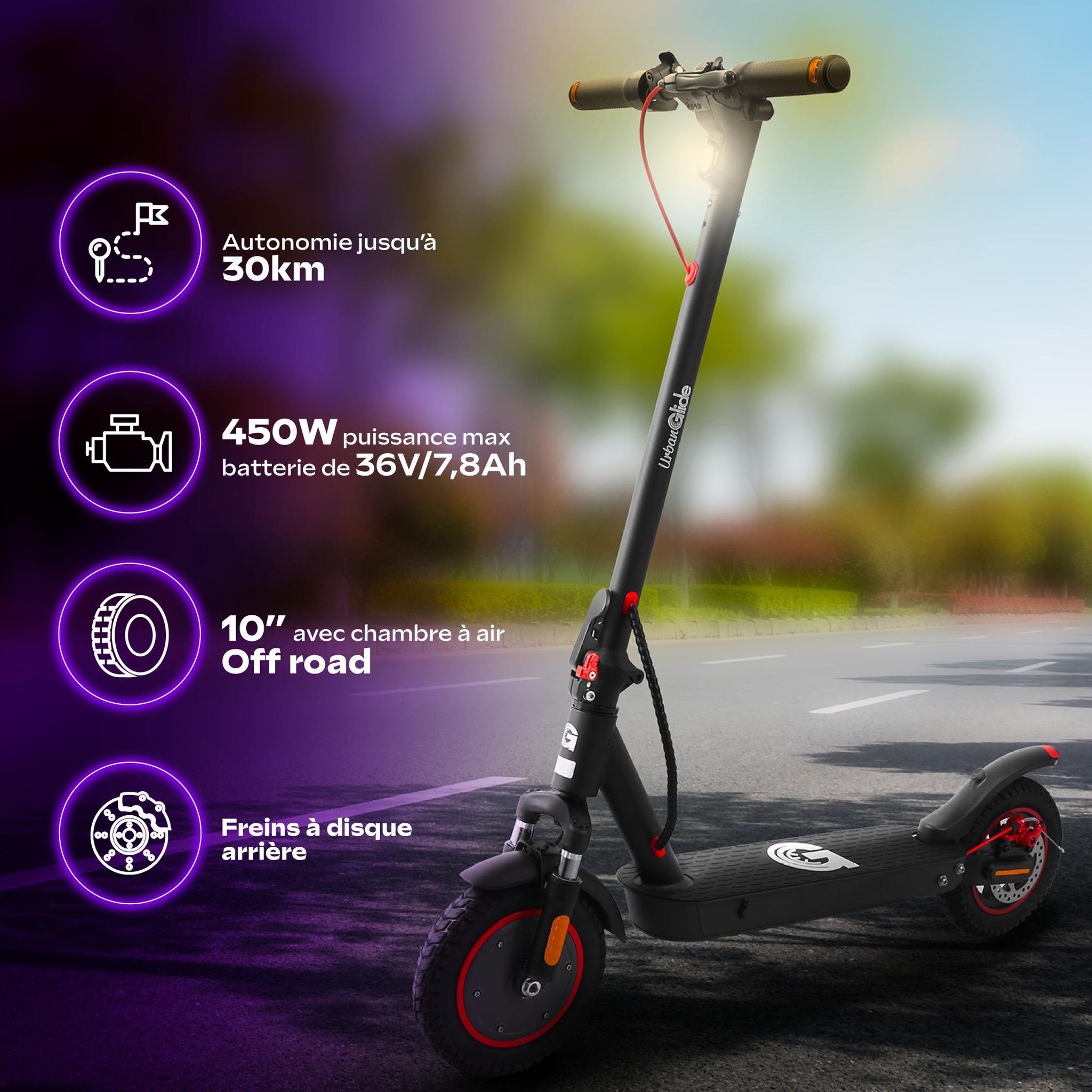 Voir la diapositive 2 : URBANGLIDE 100P14 â€  Poids 15Kg â€  Batterie 42V â€  Trottinette Ã‰lectrique Adulte UrbanGlide â€  Autonomie Jusqu'a 30 km â€  Pneu 10