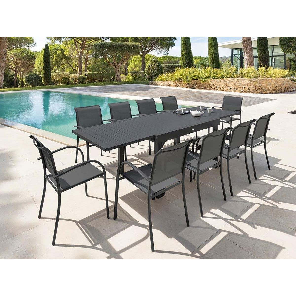 HESPERIDE Table extensible rectangulaire alu Piazza 6/10 places Graphite - Hespéride