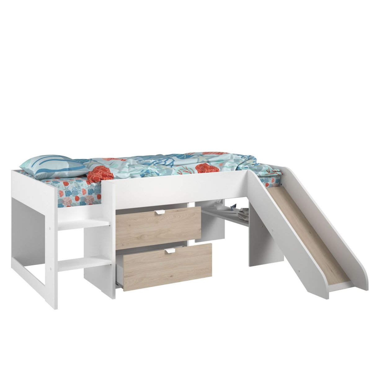Lit enfant mi hauteur 90x200cm avec rangement et toboggan TIBO