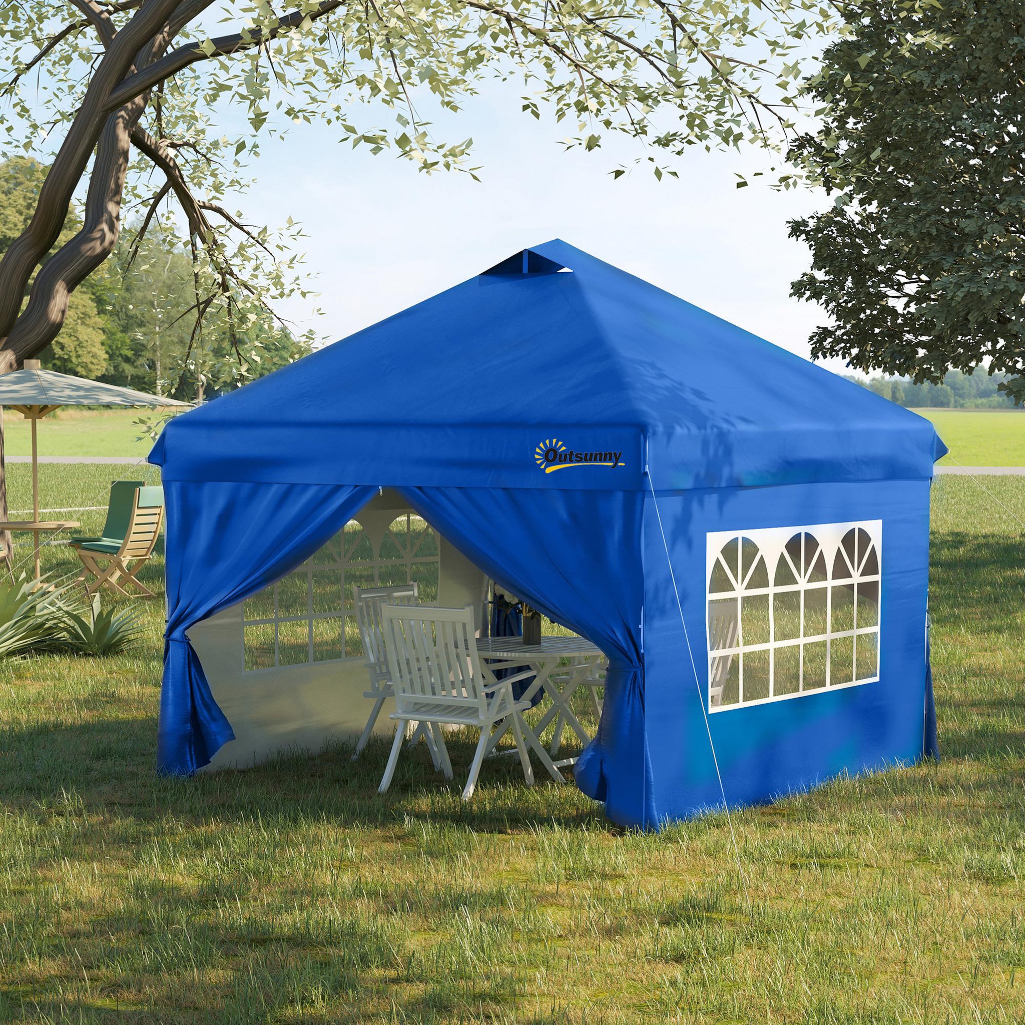 Voir la diapositive 2 : OUTSUNNY Tonnelle barnum pliant pop-up 3L x 3l x 2,84H m 4 parois latérales amovibles 2 fenêtres + sac de transport métal Oxford bleu