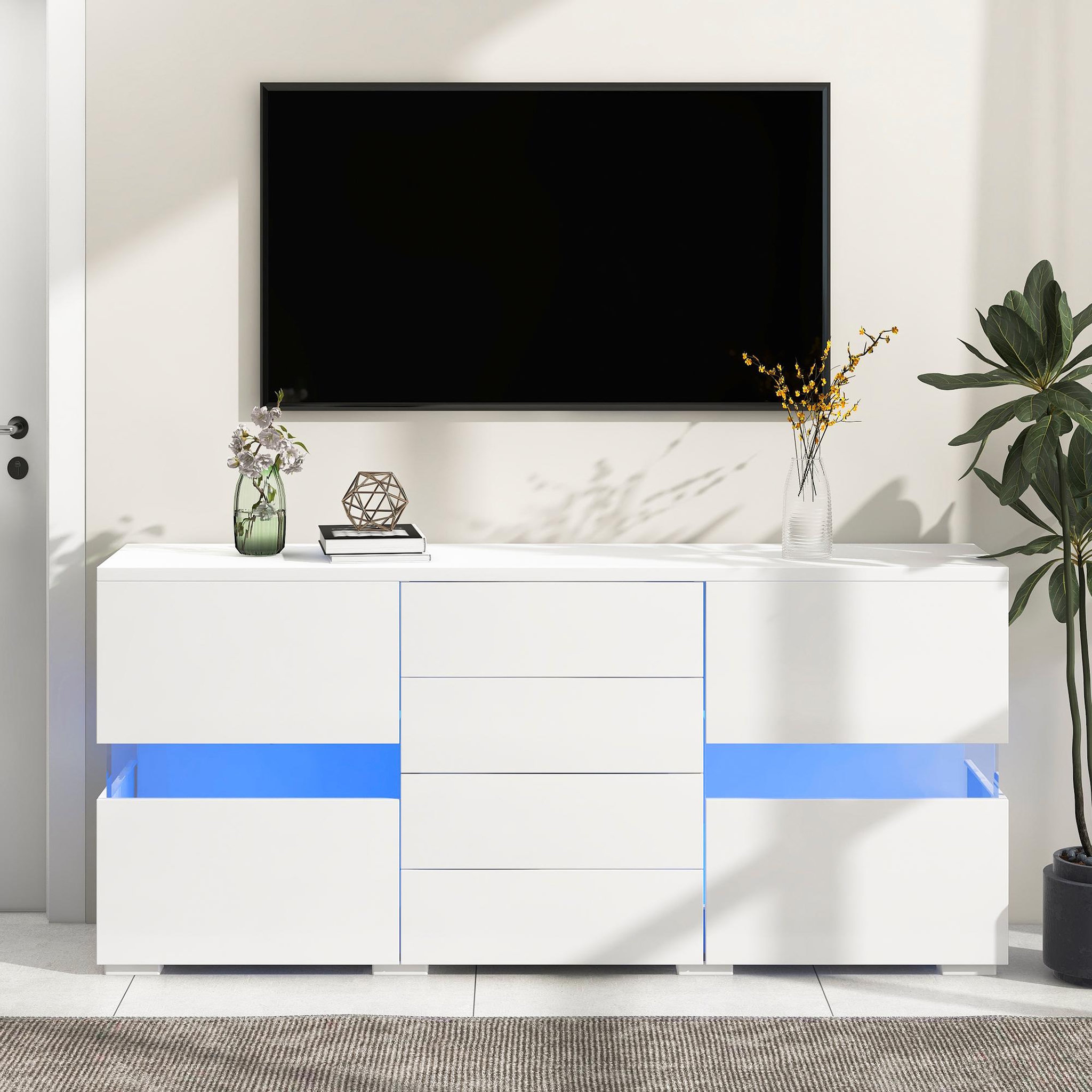 Voir la diapositive 4 : MERAX Buffet 2 porte(s) 4 tiroir(s) - 145 cm blanc led mdf