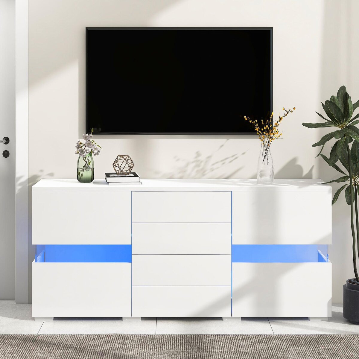 MERAX Buffet 2 porte(s) 4 tiroir(s) - 145 cm blanc led mdf
