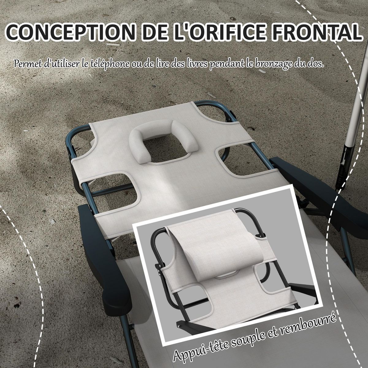 OUTSUNNY Bain de soleil transat pliable inclinable - coussins, espace tête - acier noir polyester crème