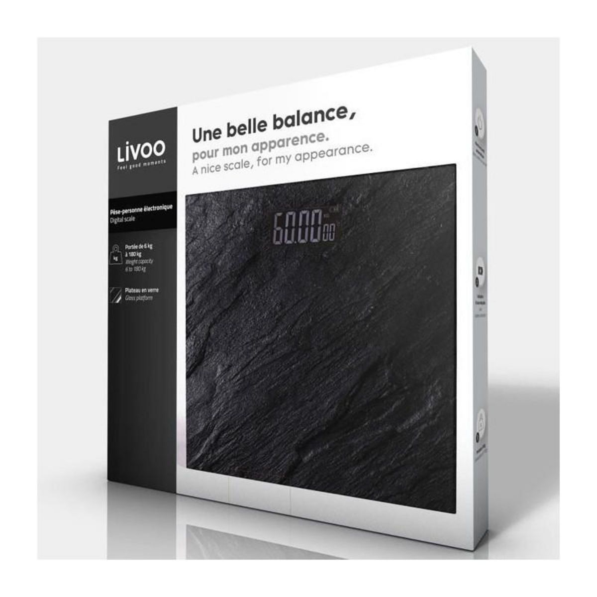 LIVOO LIVOO DOM382PI - Pese-personne electronique -  Impression pierre -  Plateau en verre -  Pesee jusqua 180 kg -  Precision 100g