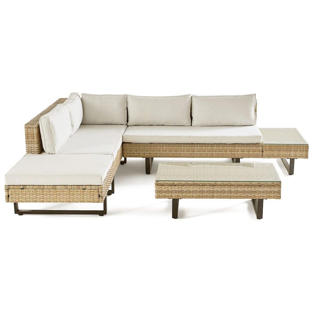 BEST MOBILIER Sashi – salon de jardin d'angle en résine beige et grise – 5 places - coussins gris clair et table incluse