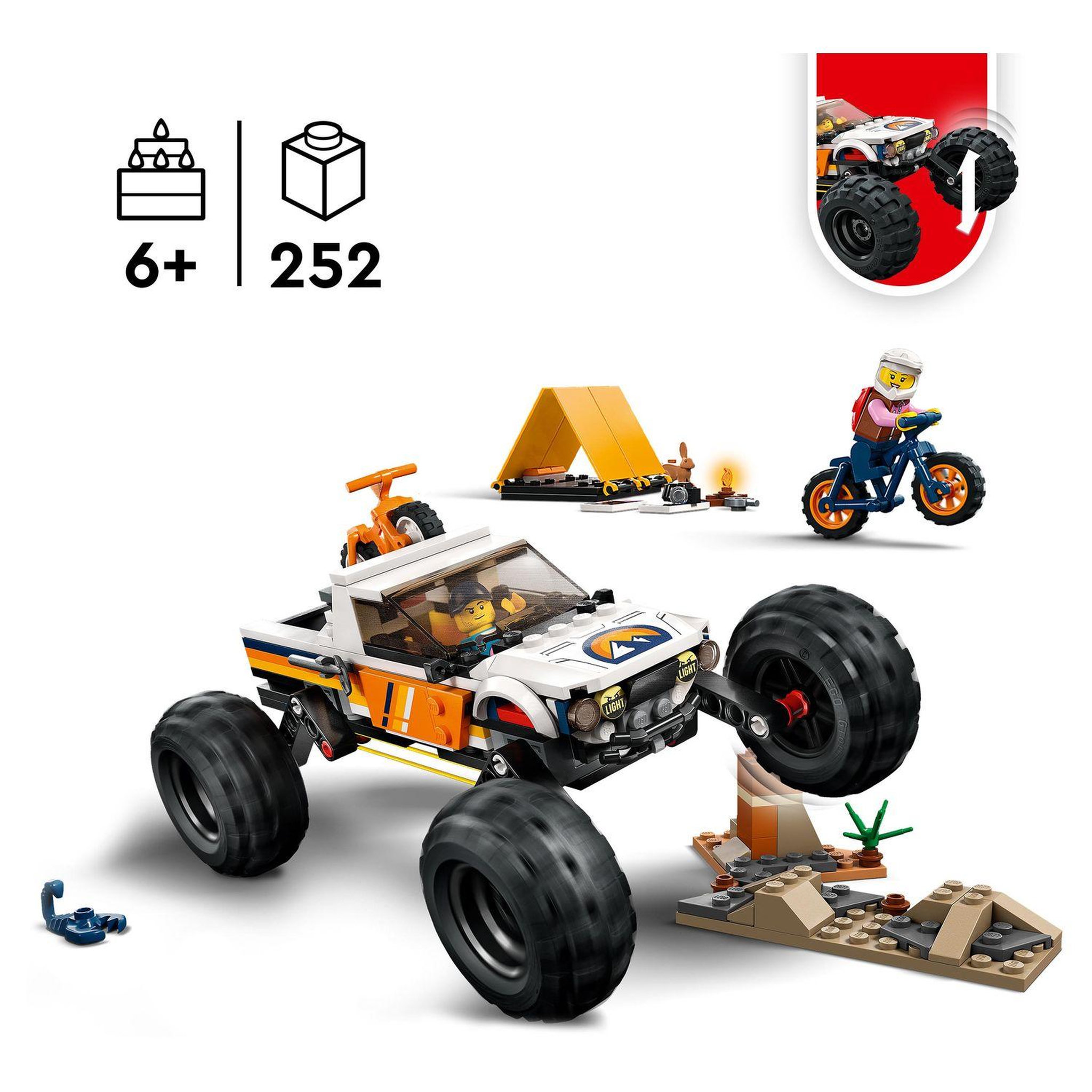 Voir la diapositive 4 : LEGO City 60387 Les aventures du 4x4 tout terrain, Set de Camping, Jouet Monster Truck avec Suspension et VTT, Jeu de Voiture 