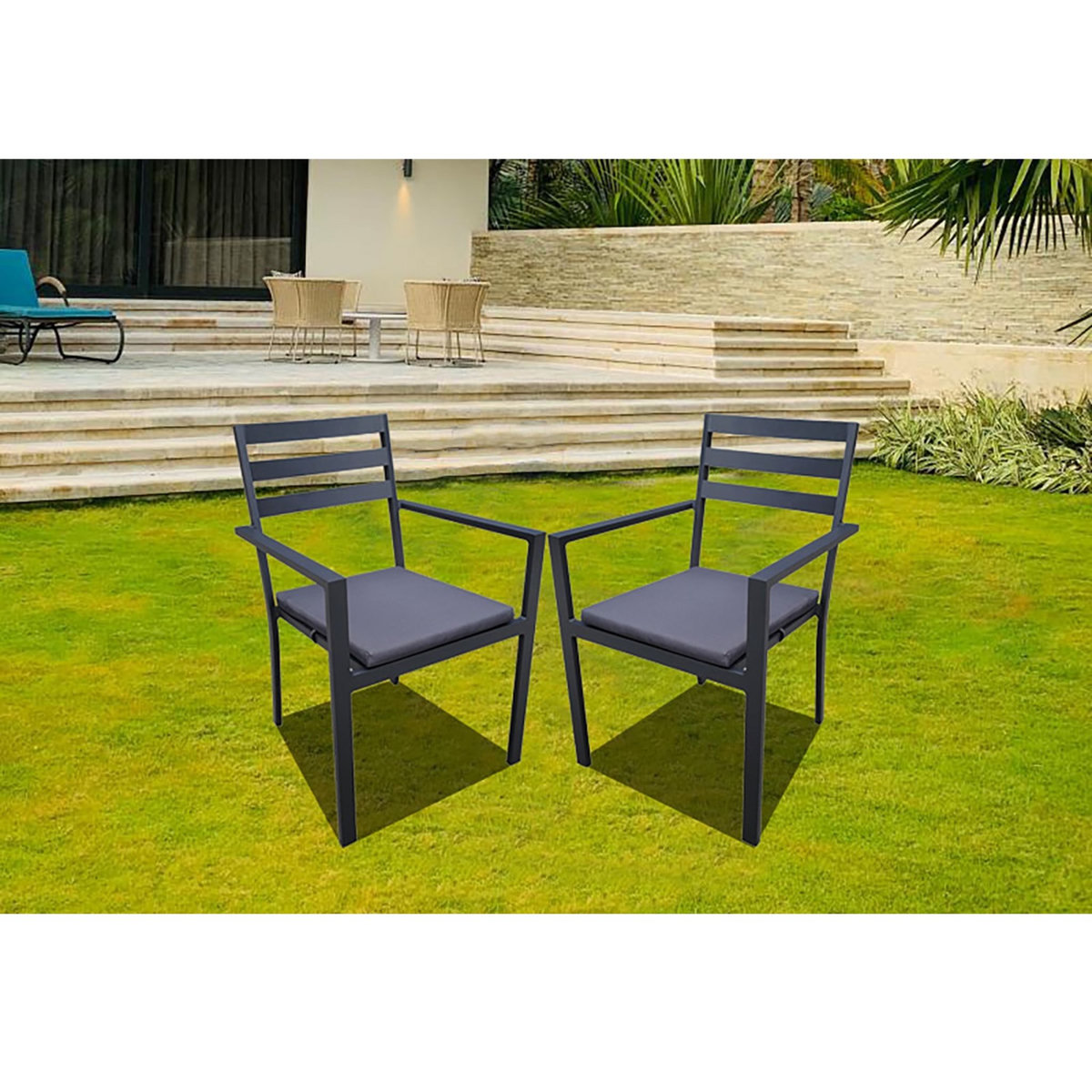 JARDILINE Lot de 2 fauteuils de jardin - Aluminium/Polyester - Anthracite - PALMA
