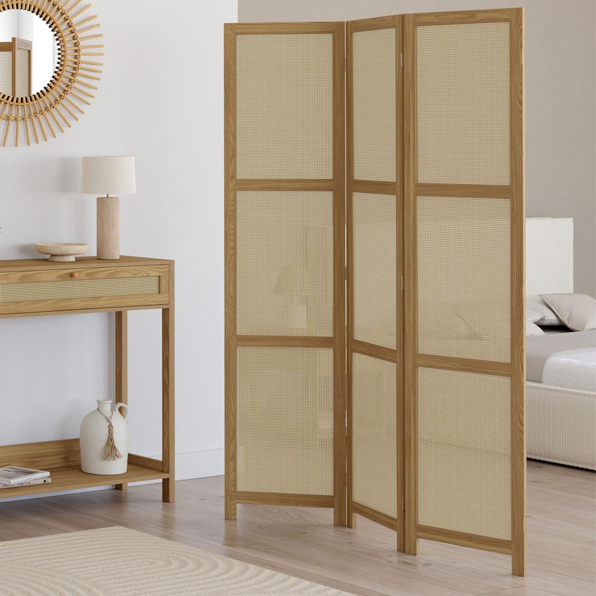ID MARKET Paravent intérieur HANAE effet naturel cannage