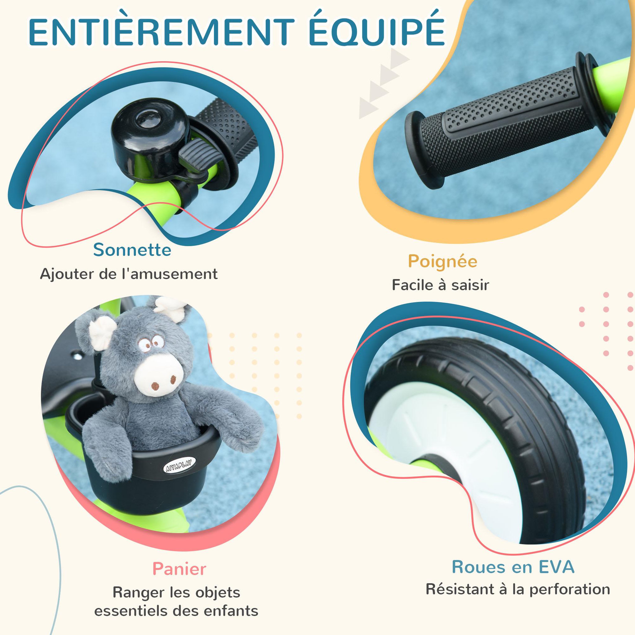 Voir la diapositive 5 : HOMCOM Tricycle enfant multi-équipé garde-boue sonnette panier pédales antidérapantes siège réglable avec dossier métal vert