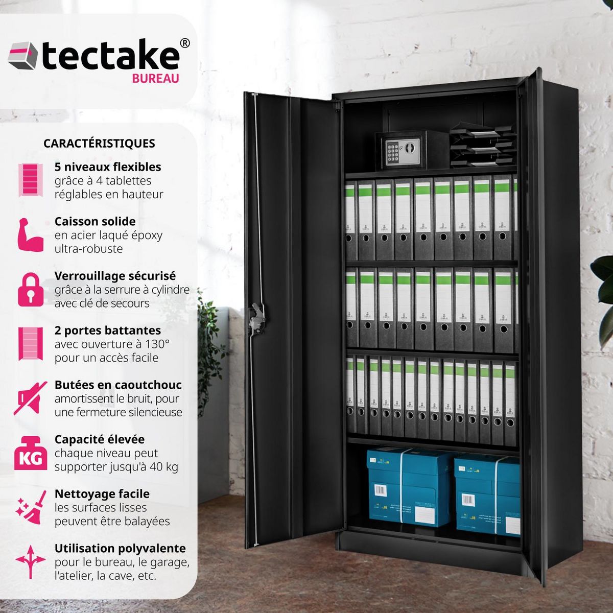 tectake Armoire de classement en métal en Acier lâqué époxy noir