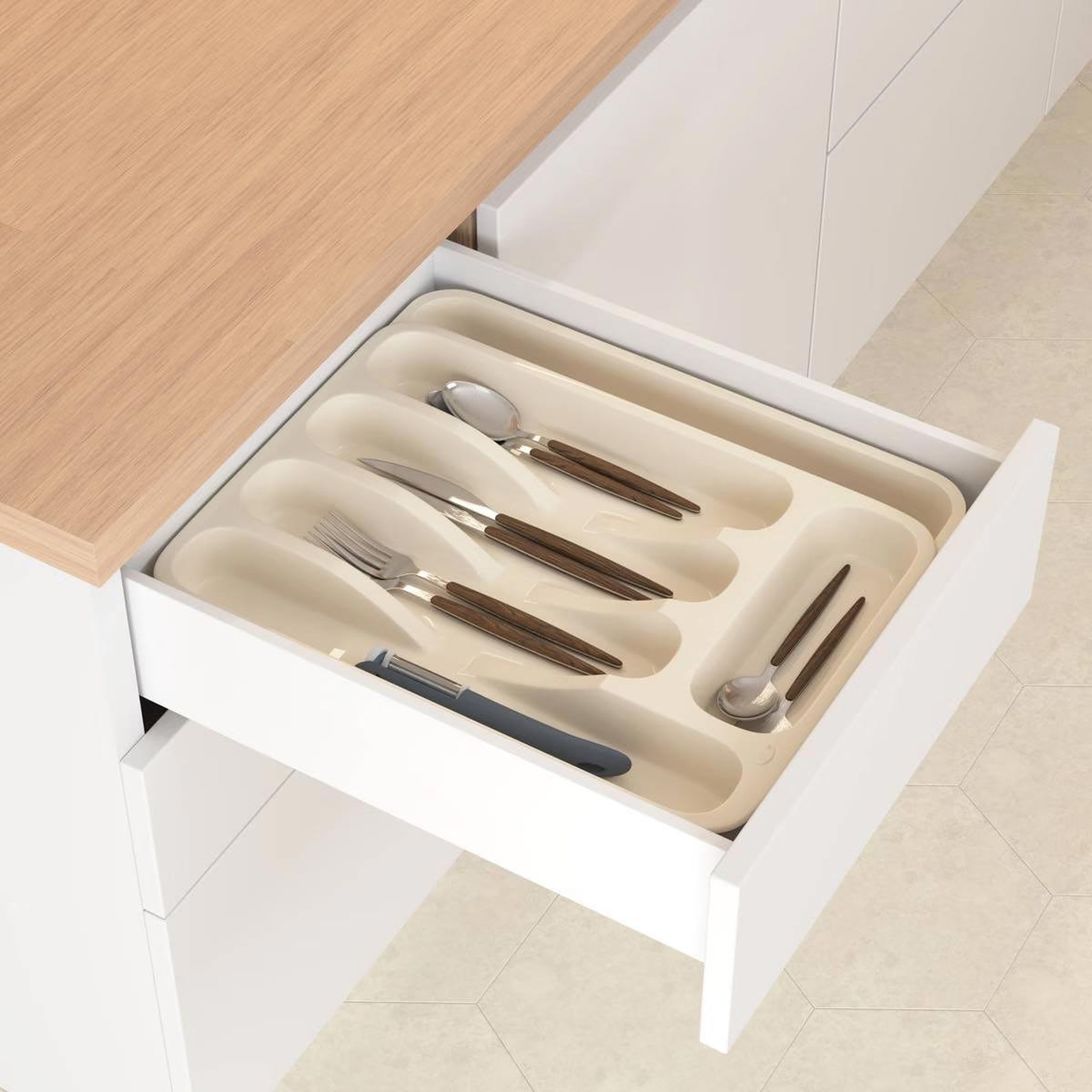 Voir la diapositive 3 : FIVE Range-couverts extensible  poly  28cm beige