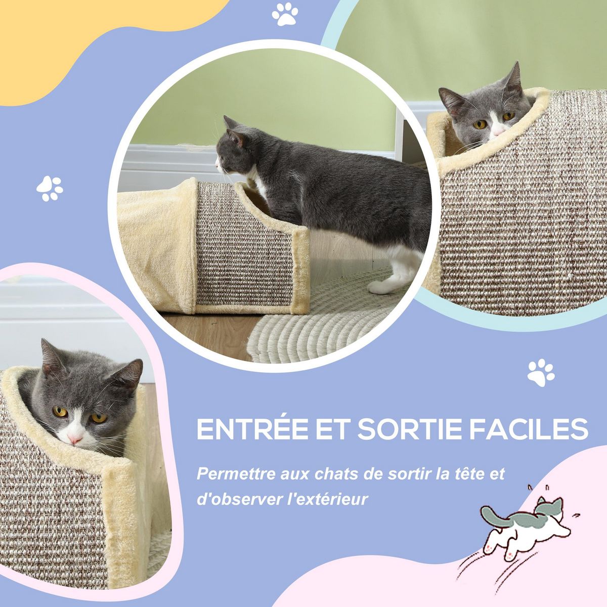 PAWHUT Tunnel pour chat modulable - 3 portes, 2 griffoirs - sisal peluche beige