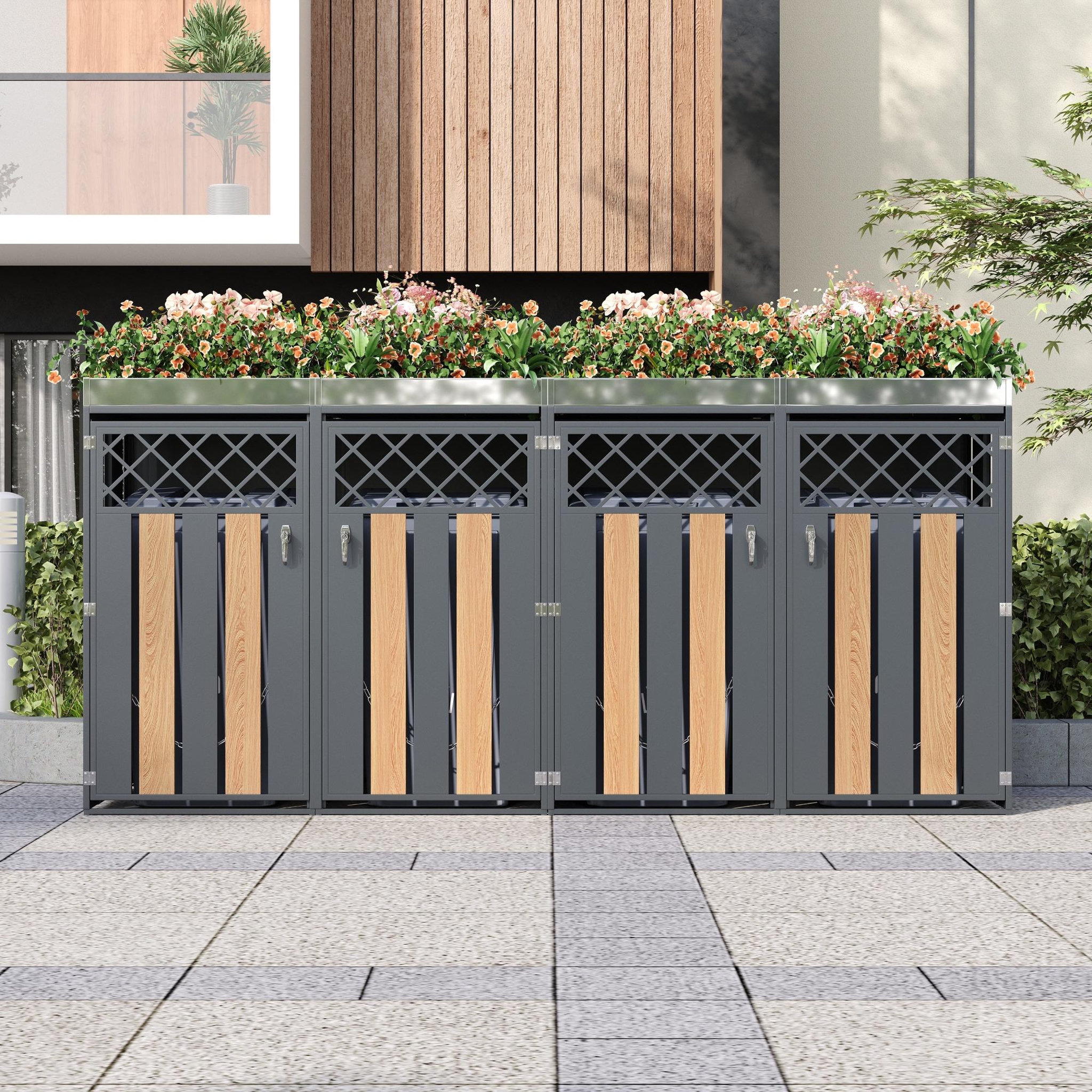 Voir la diapositive 2 : MERAX Cache Poubelle Extérieur Lot de 2 avec Bac à Plantes, Rangement, Gris