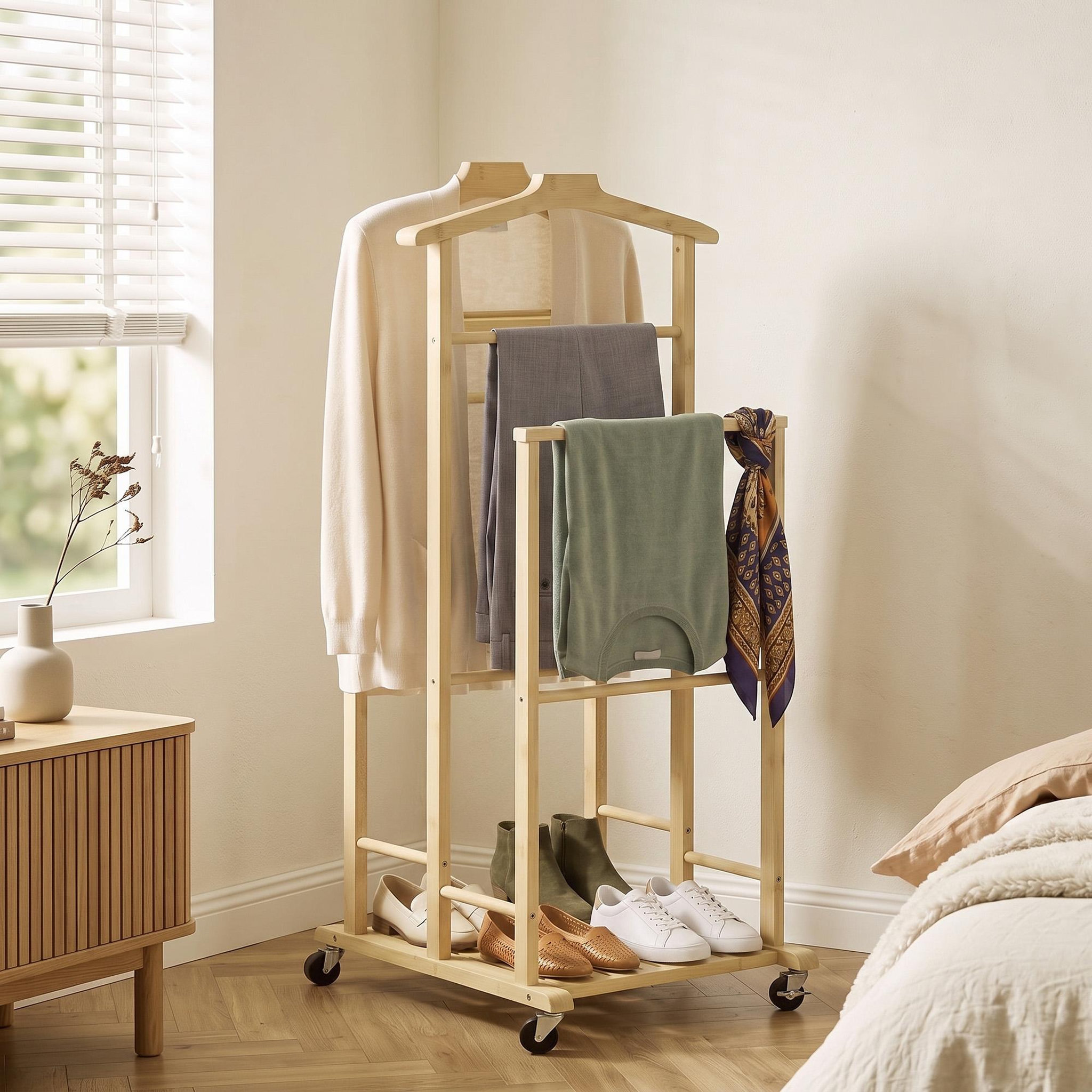 Voir la diapositive 4 : HOMCOM Valet de chambre mobile bois bambou avec portants et étagère