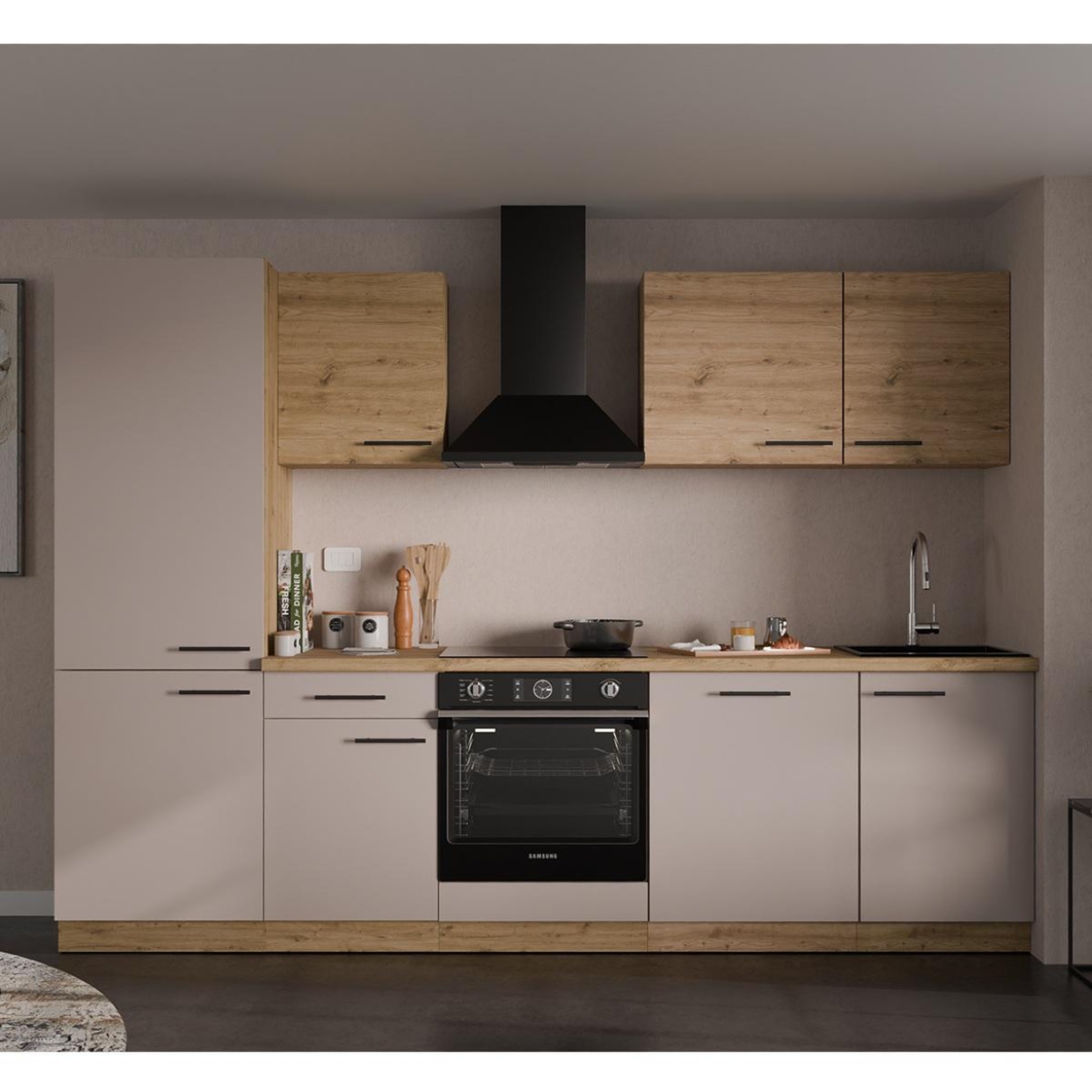 Voir la diapositive 2 : JLC KREATION Cuisine complète moderne beige et bois 280cm NALA