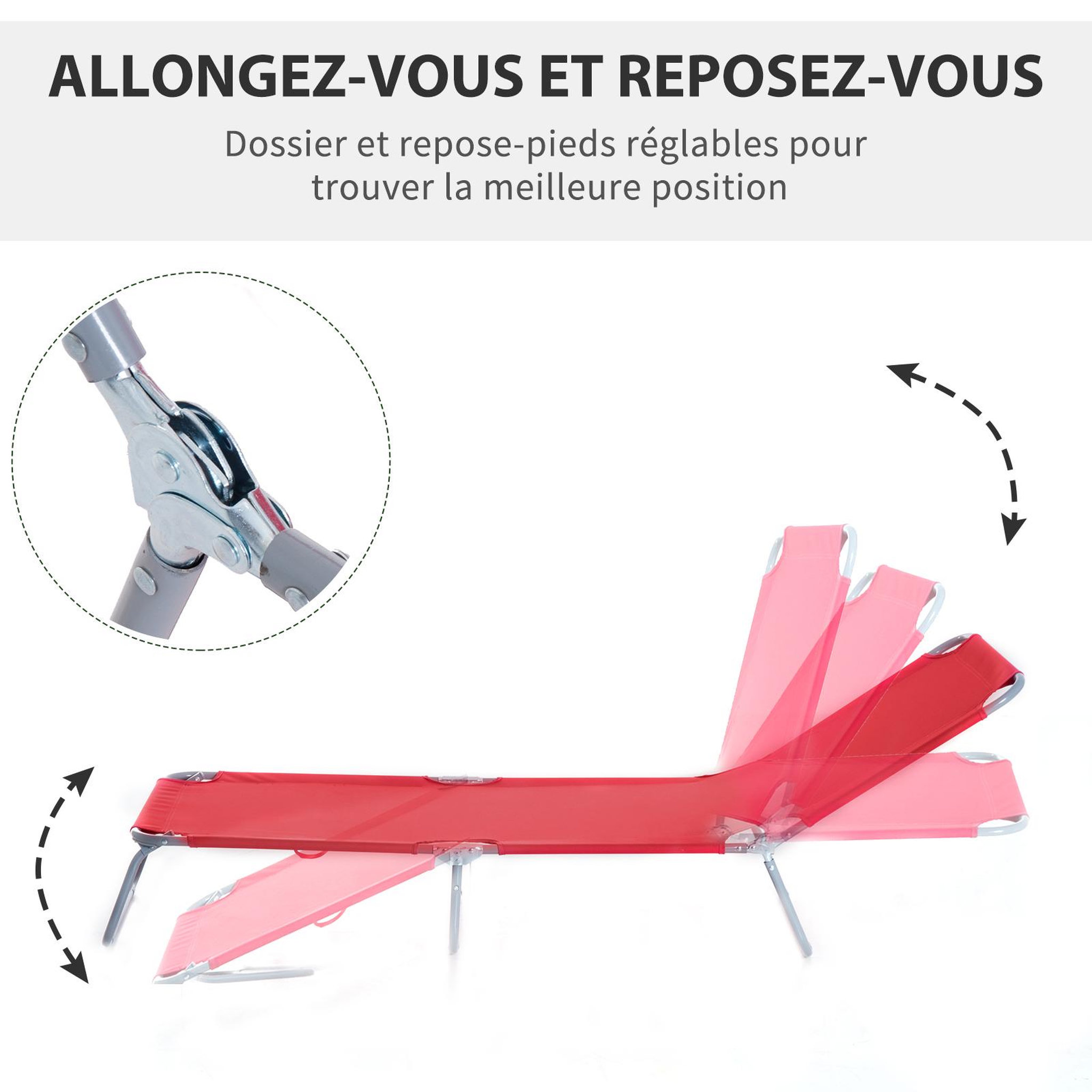 Voir la diapositive 4 : OUTSUNNY Bain de soleil transat pliable dossier réglable multipositions métal et polyester rouge