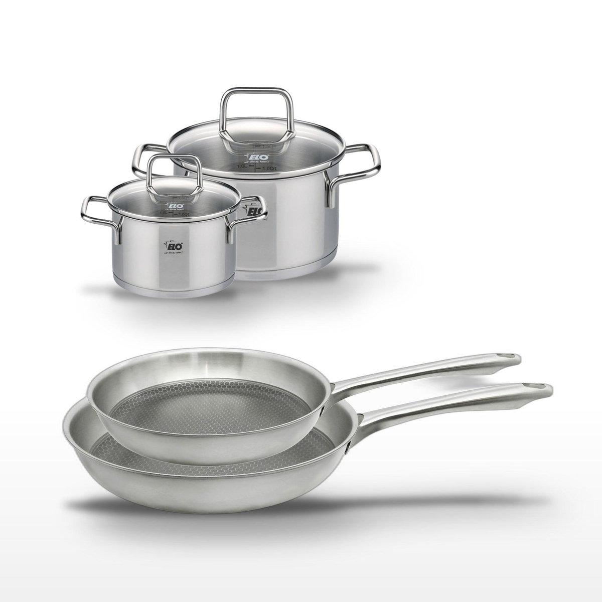 ELO Lot de 2 Poêles 24/28cm & 2 Faitouts 12/16cm Elo Relief Passion