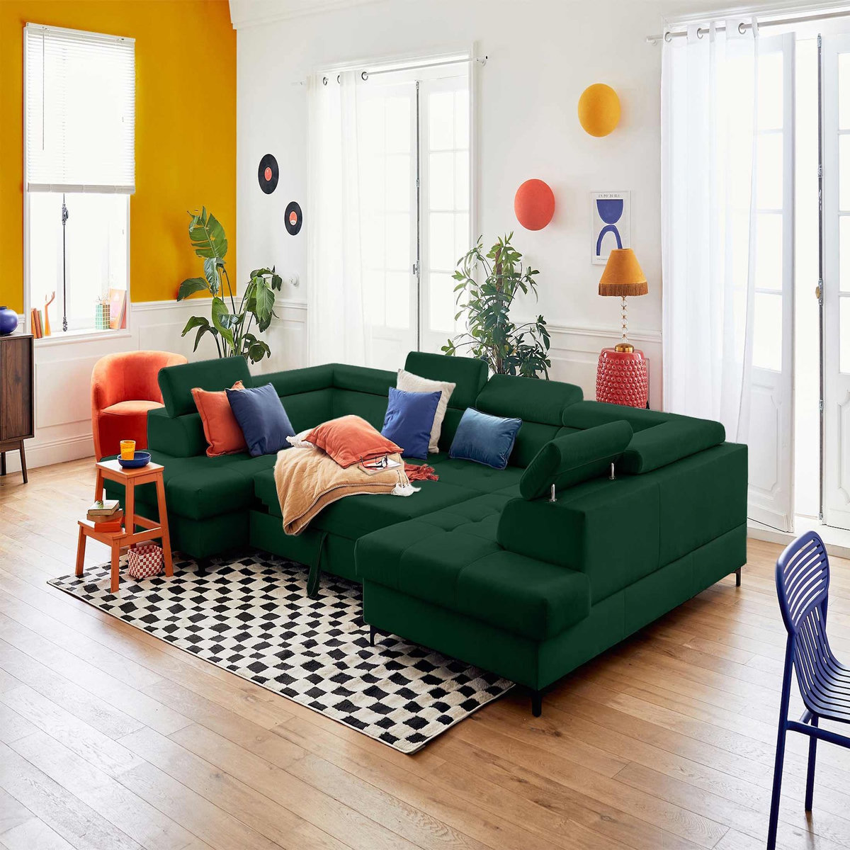 LISA DESIGN Merida - canapé panoramique en u - 7 places - convertible avec coffres et têtières réglables - en velours