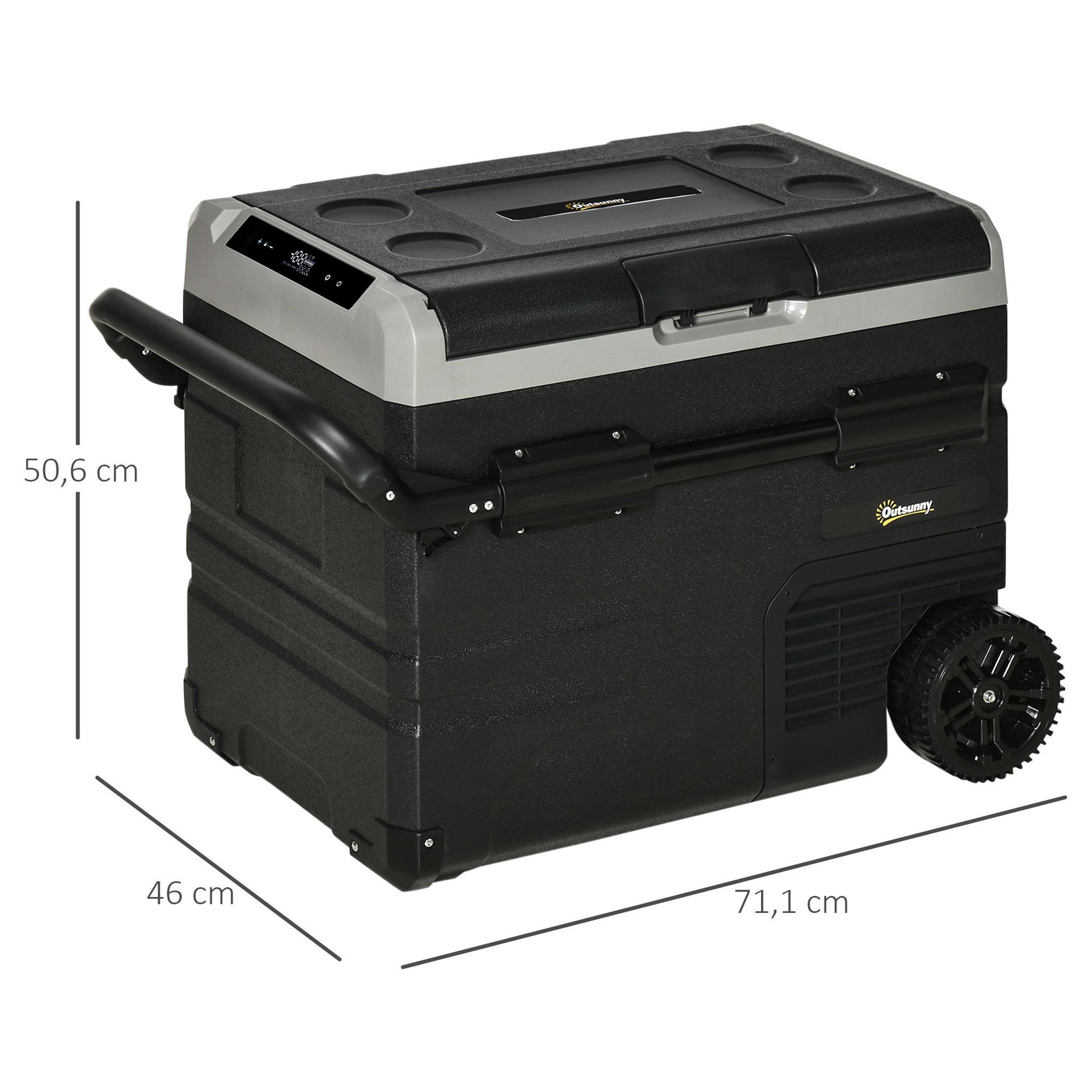 Voir la diapositive 3 : OUTSUNNY Outsunny Glacière électrique 50L portable, réfrigérateur congélateur avec lumière LED intérieure et poignées pliables - dim. 71,1L x 46l x 50,6H cm - noir et gris