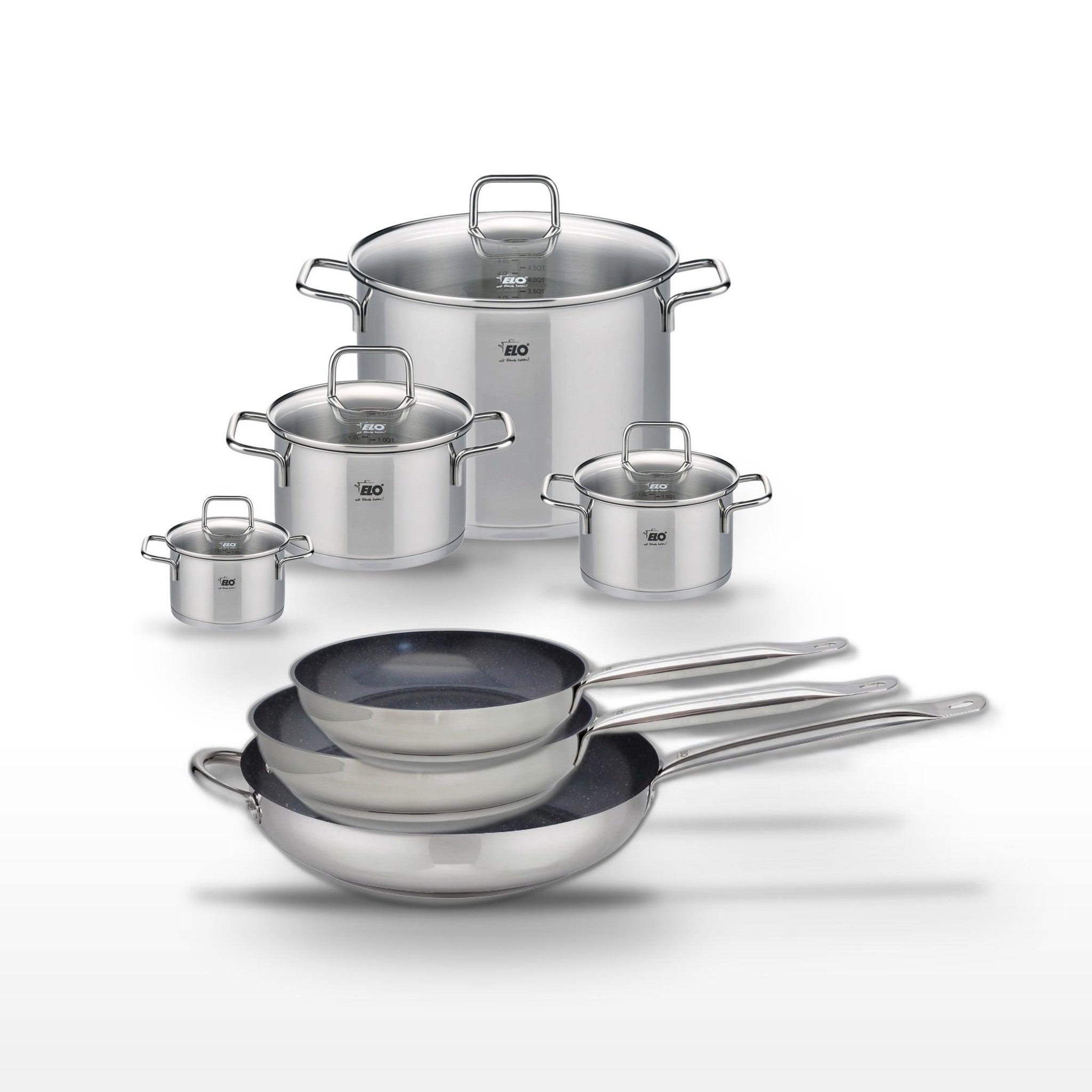 ELO Lot de 3 poêles céramique 24/28/32cm elo profi therm platinum et 4 faitouts inox elo citrin