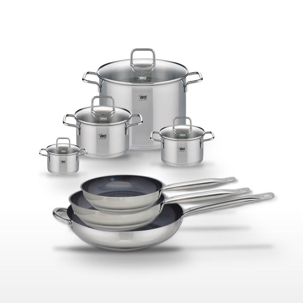 ELO Lot de 3 Poêles céramique 24/28/32cm Elo Profi Therm Platinum et 4 Faitouts inox Elo Citrin