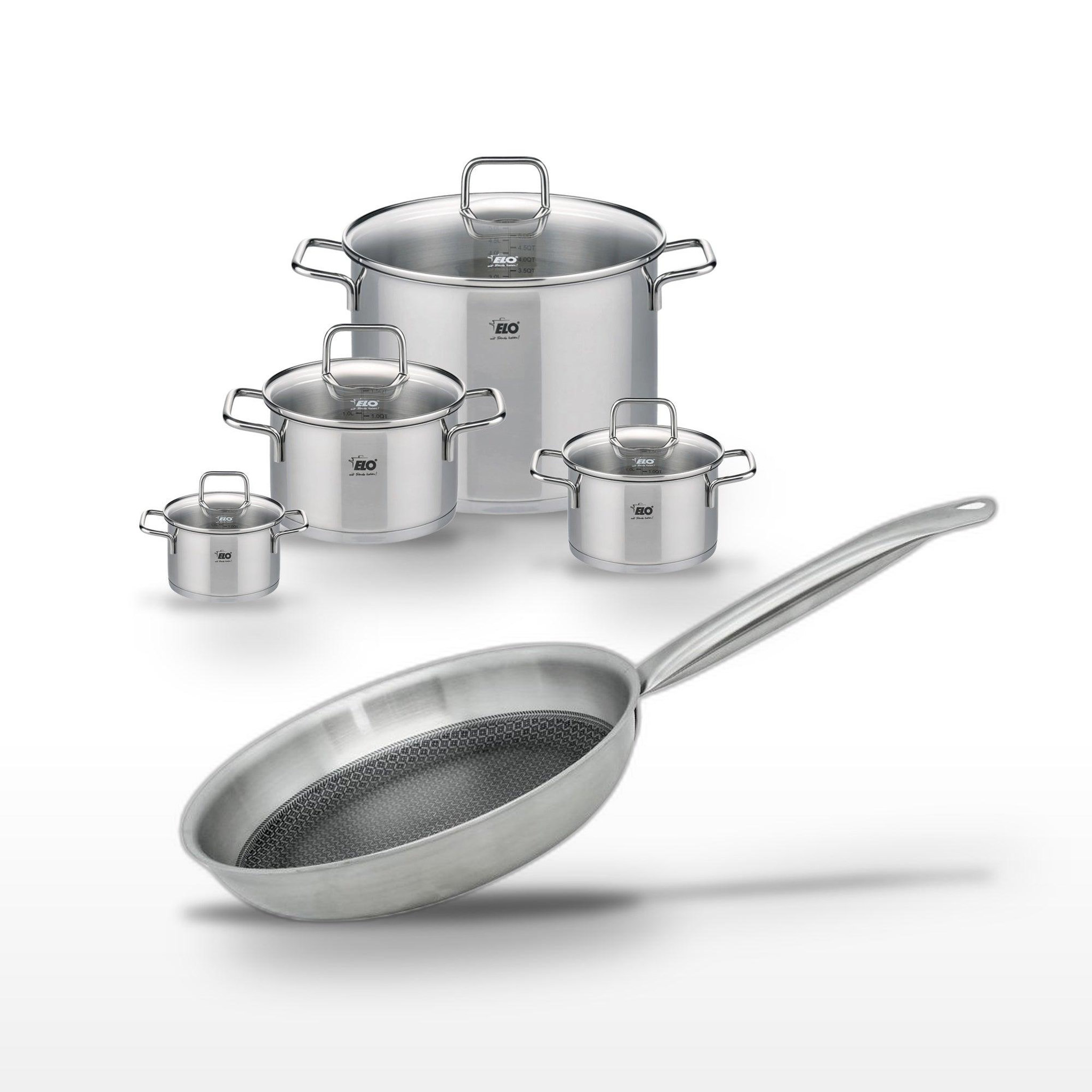ELO Batterie de cuisine avec 1 poêle de cuisson 24 cm et 4 faitouts 12/16/20/26 cm en inox sans pfas elo collection relief solution citrin
