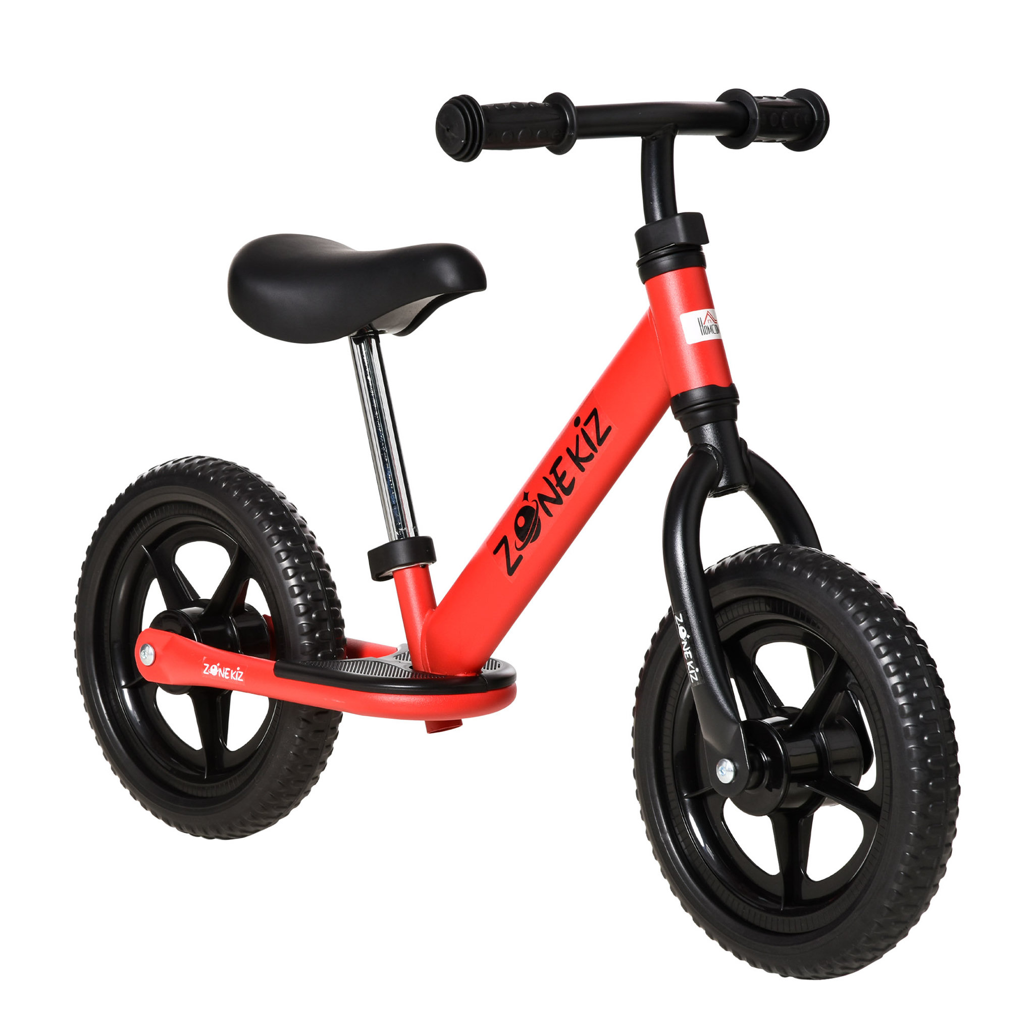Voir la diapositive 1 : HOMCOM Draisienne enfant roues 12  EVA hauteur selle et guidon réglable cale-pied antidérapant acier rouge noir