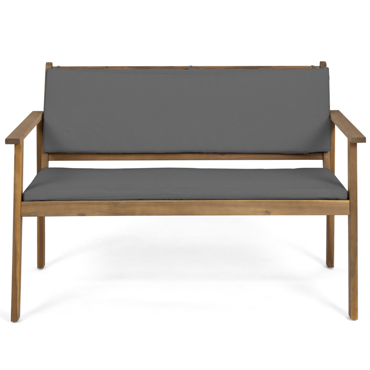 ID MARKET Salon de jardin bas JAKARTA 4 places en acacia avec canapé, fauteuils, table et coussins gris