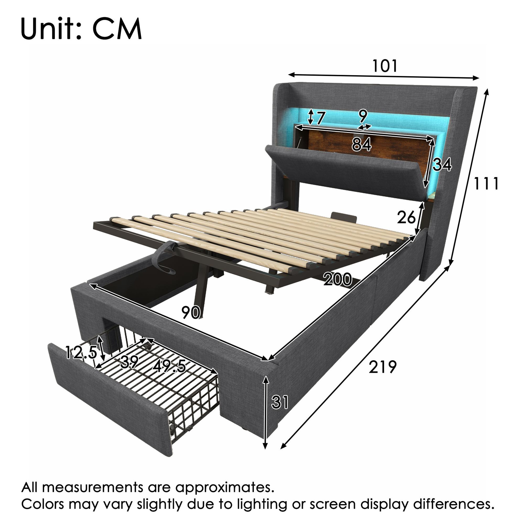 Voir la diapositive 3 : MERAX Lit coffre 90x200 cm en lin avec tête de lit rangement led usb usb-c et sommier à lattes