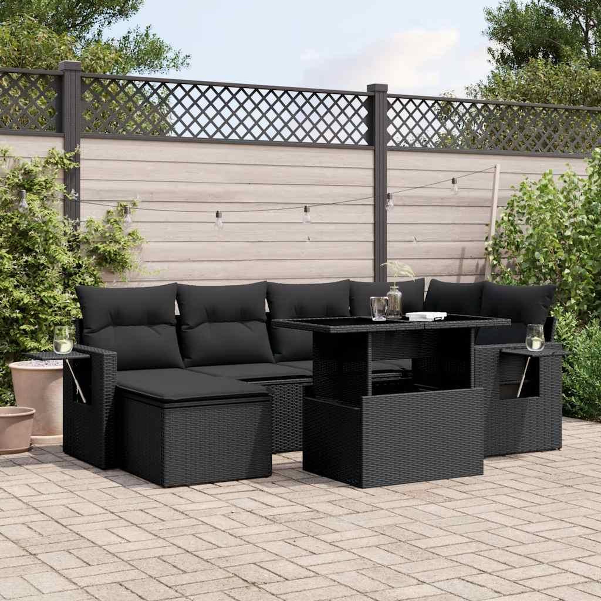 VIDAXL Salon de jardin 7 pcs avec coussins noir resine tressee