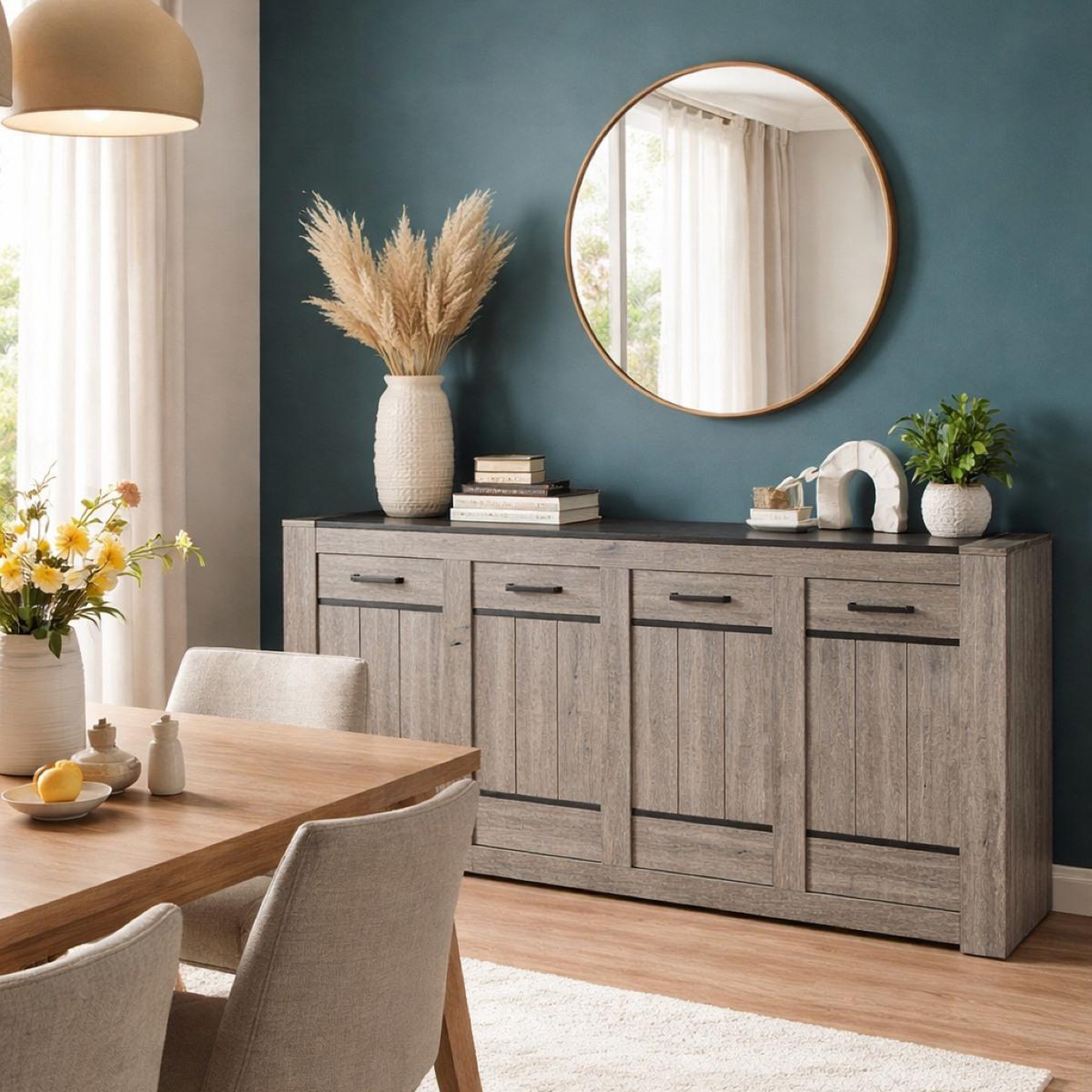 Voir la diapositive 3 : JLC KREATION Buffet bas moderne chêne gris 4 portes MAYA