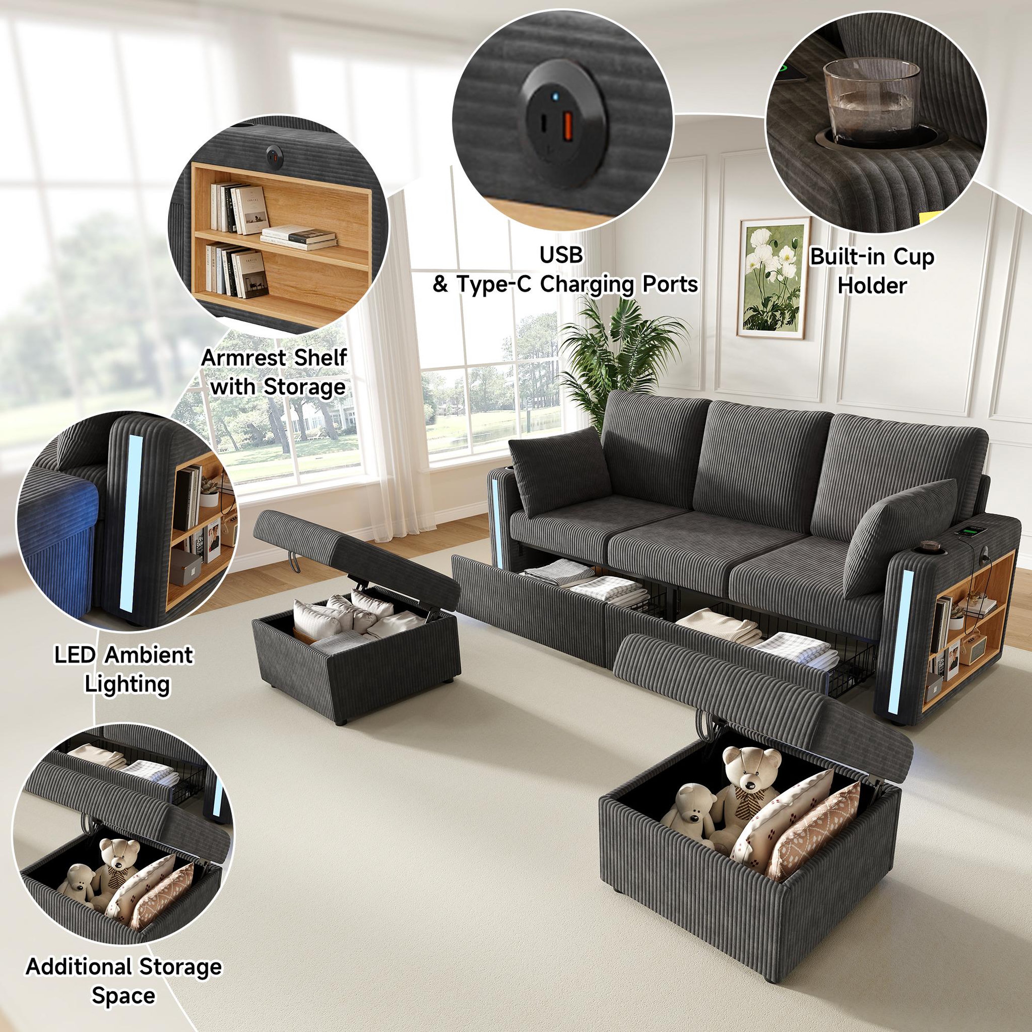 Voir la diapositive 4 : MERAX Canapé d'angle modulable 5 places u/l avec rangement led usb type-c tissu côtelé