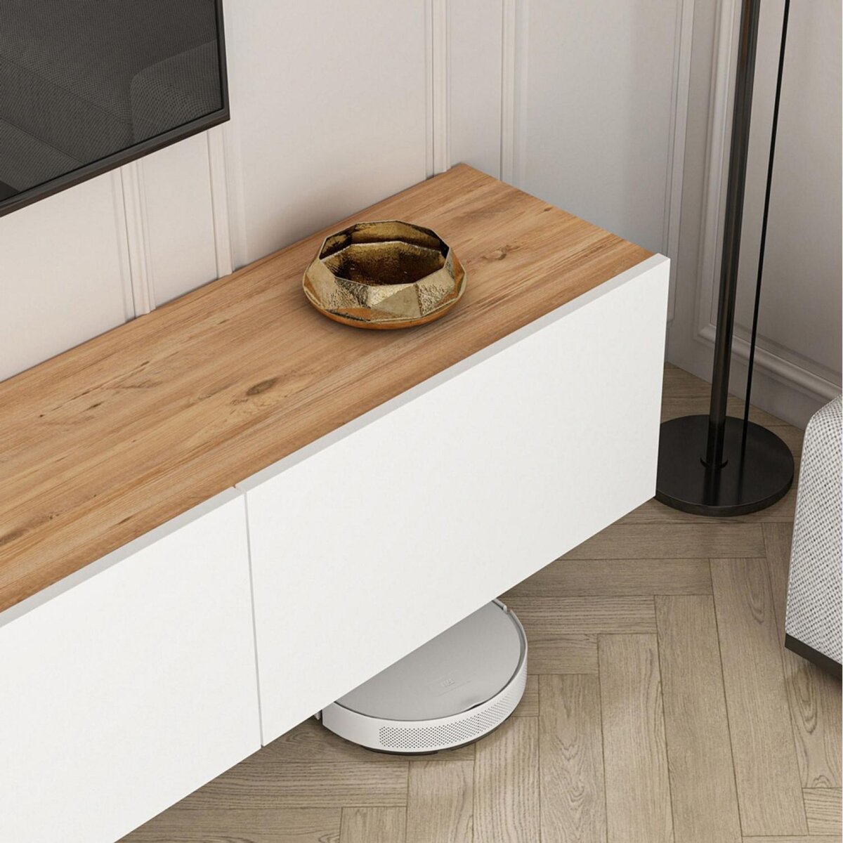 CONCEPT USINE Meuble TV suspendu avec placards 150cm blanc et bois HAL