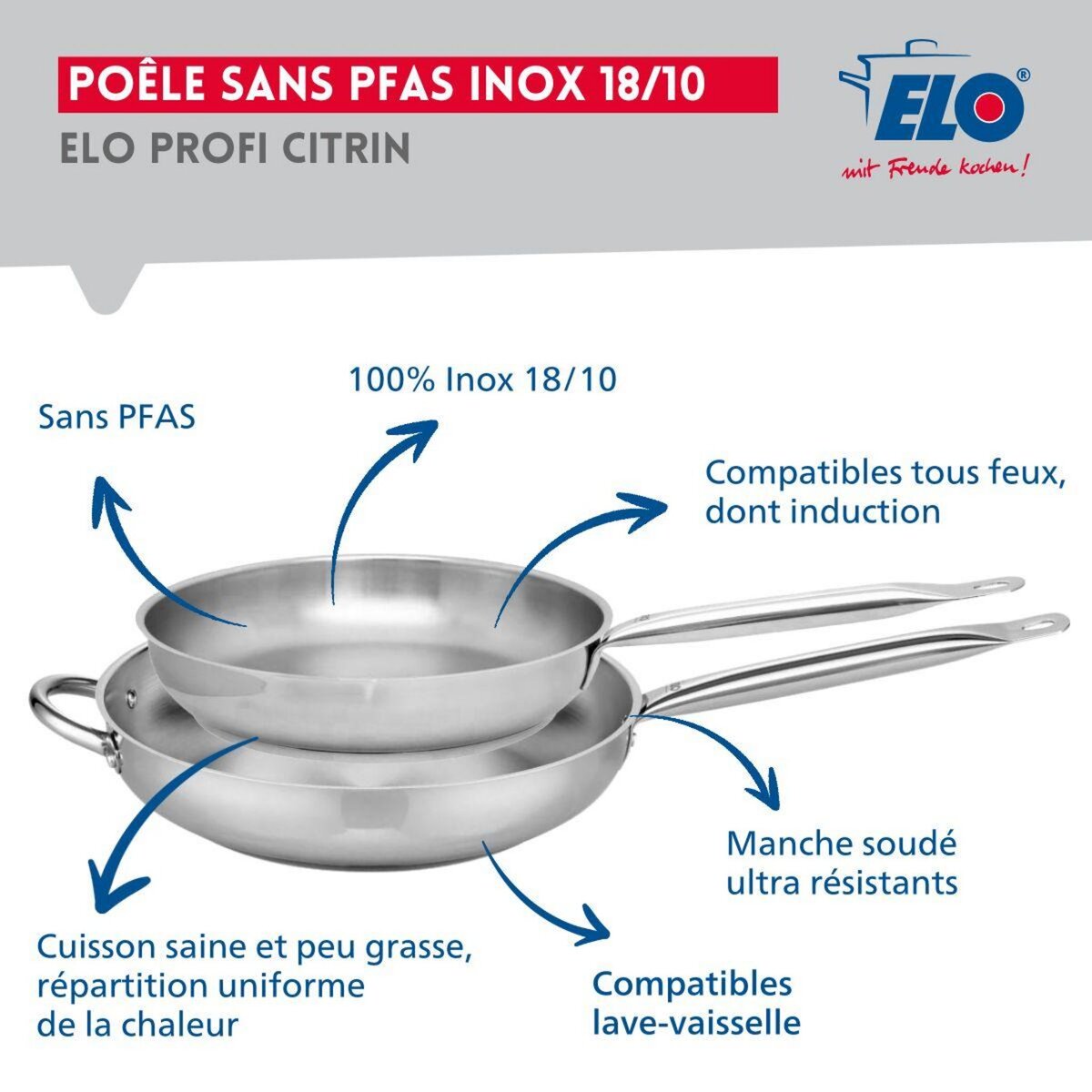ELO Ensemble de 2 Poêles de cuisson 28 et 32 cm et 1 faitout 14 cm Elo Profi Brillant