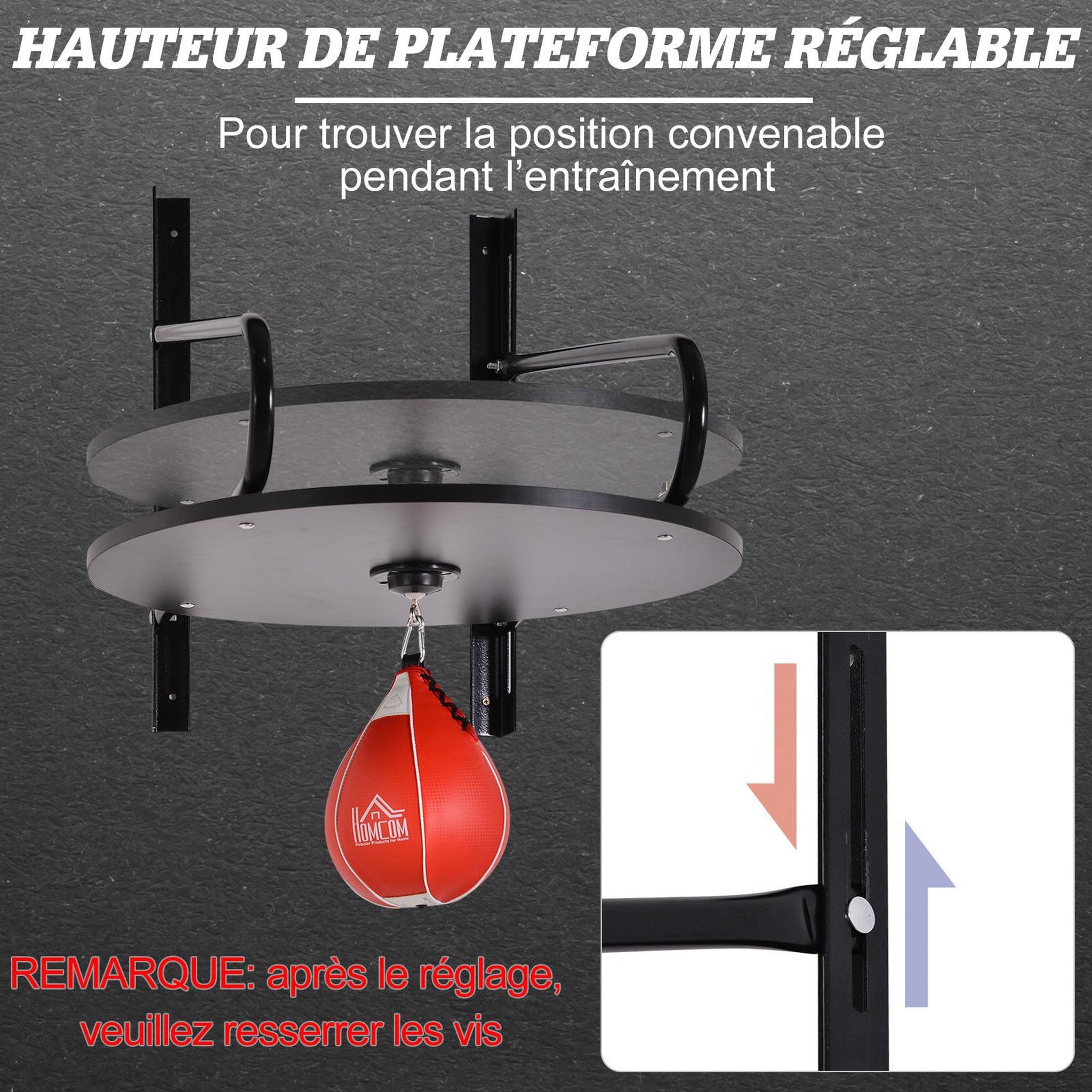 Voir la diapositive 4 : HOMCOM Punching ball poire de vitesse boxe avec support plateau tournant + pompe mdf acier revêtement synthétique rouge noir