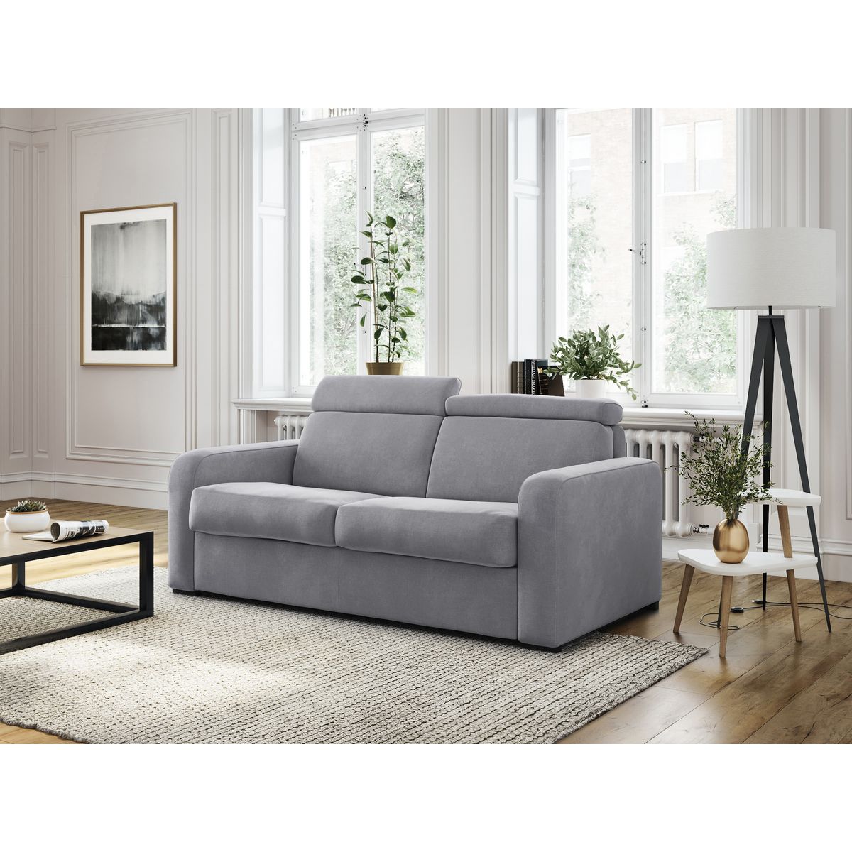 Canapé système couchage rapide 3 places en tissu gris clair CAROLE