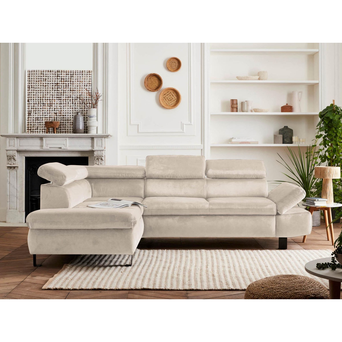 LISA DESIGN Nairobi - canapé d'angle convertible - en velours - 5 places - avec têtières - gauche