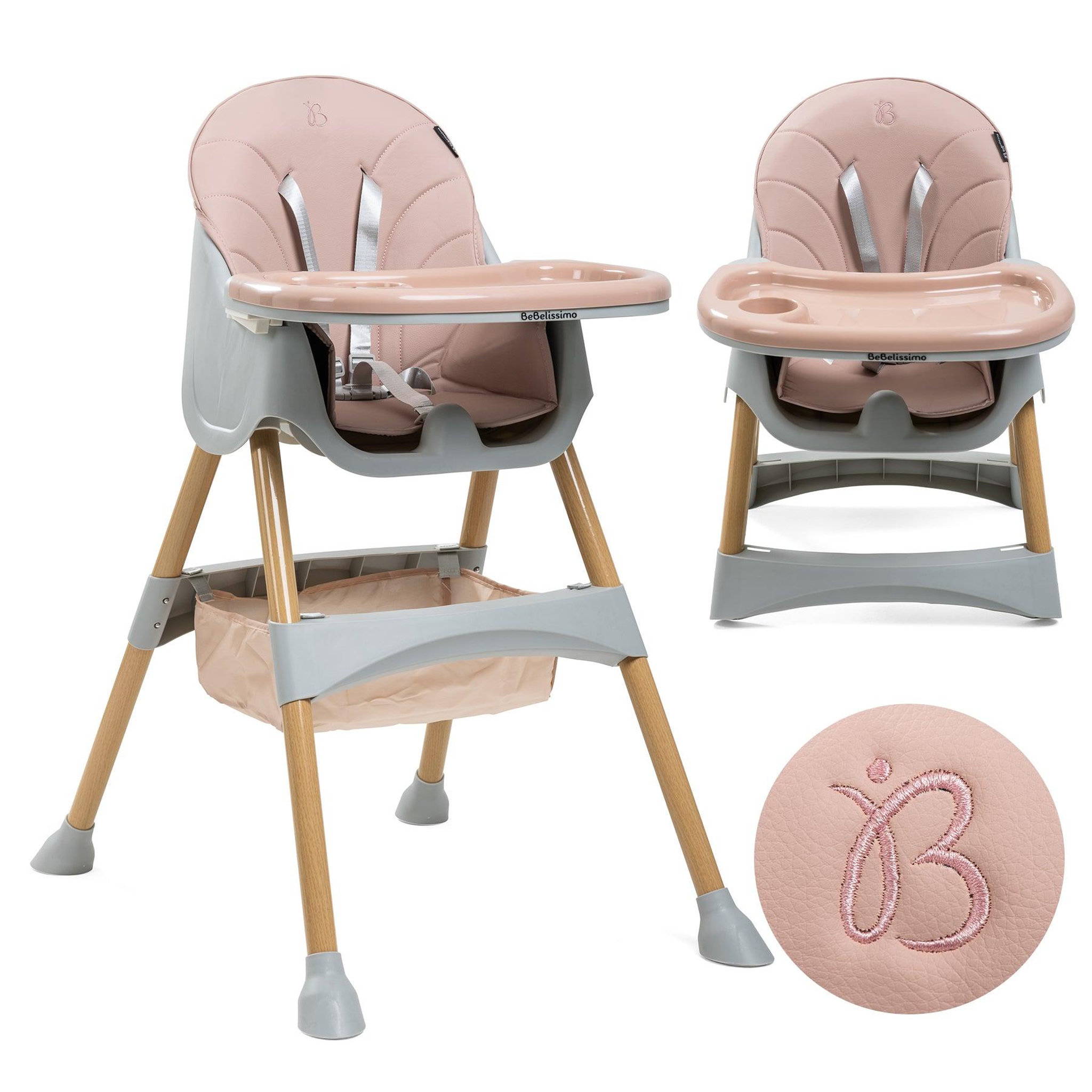 BEBELISSIMO Chaise haute 2 en 1 - Evolutive - Réglable - Pliable - rose - woodie