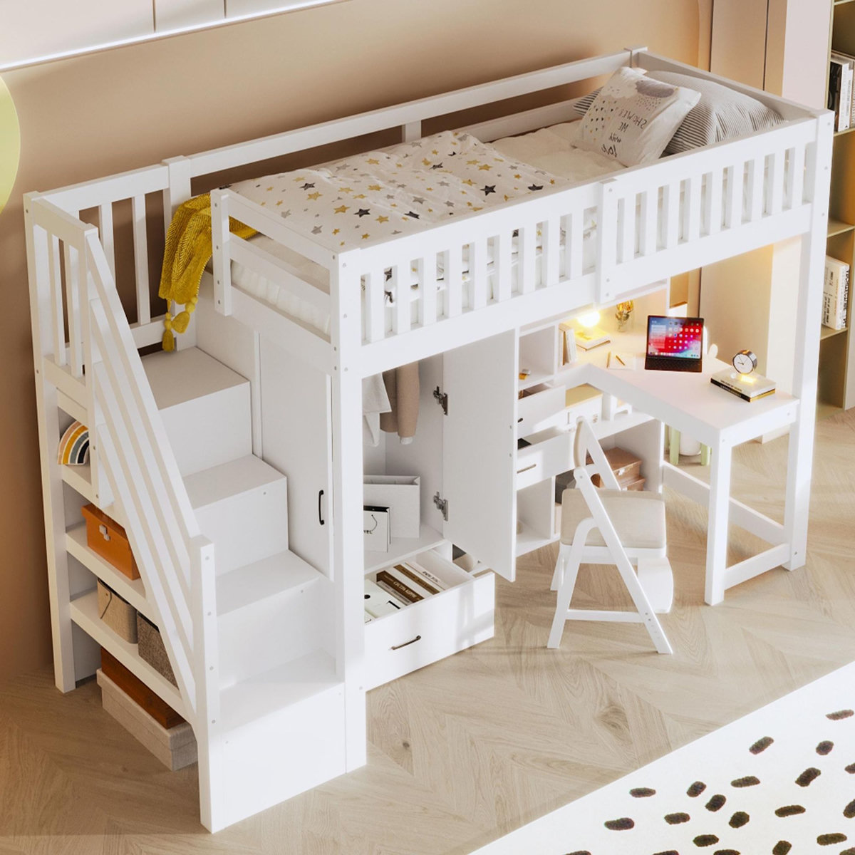 MERAX Lit mezzanine 90x200 cm coloris blanc bois massif