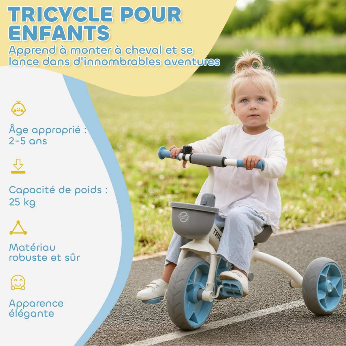 HOMCOM Tricycle enfant multi-équipé garde-boue avant sonnette pédales antidérapantes selle avec dossier bleu blanc gris