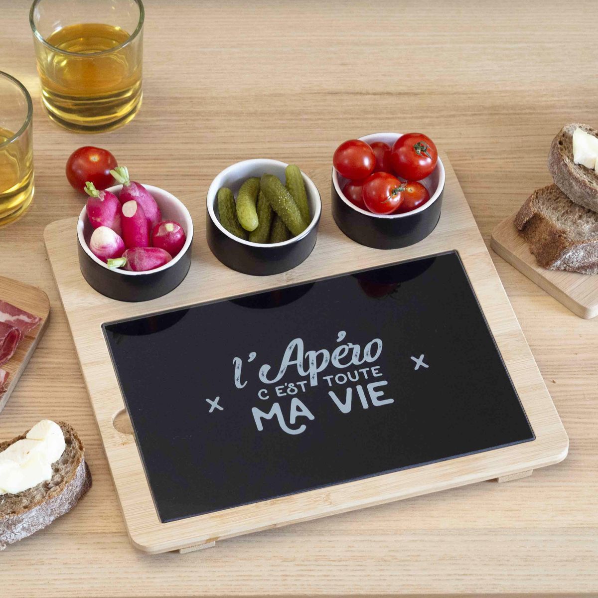 Plateau apéro planche + 3 coupelles