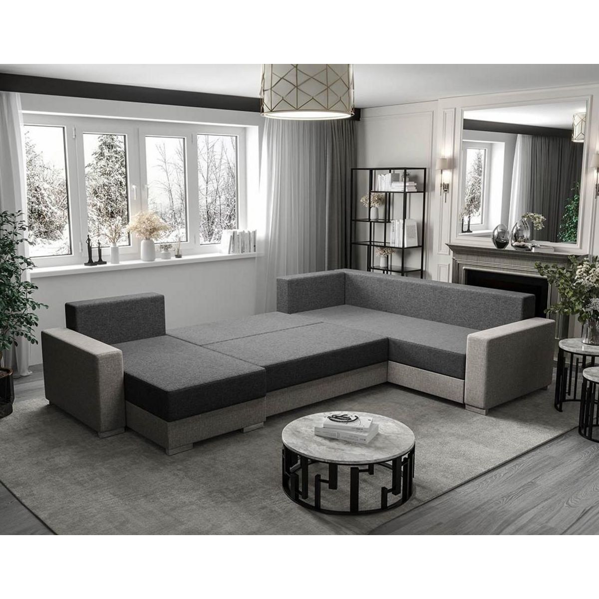 BEST MOBILIER Leslie - canapé panoramique d'angle réversible 7 places convertible avec coffre en tissu