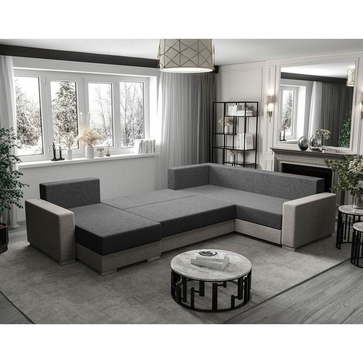 BEST MOBILIER Leslie - canapé panoramique d'angle réversible 7 places convertible avec coffre en tissu