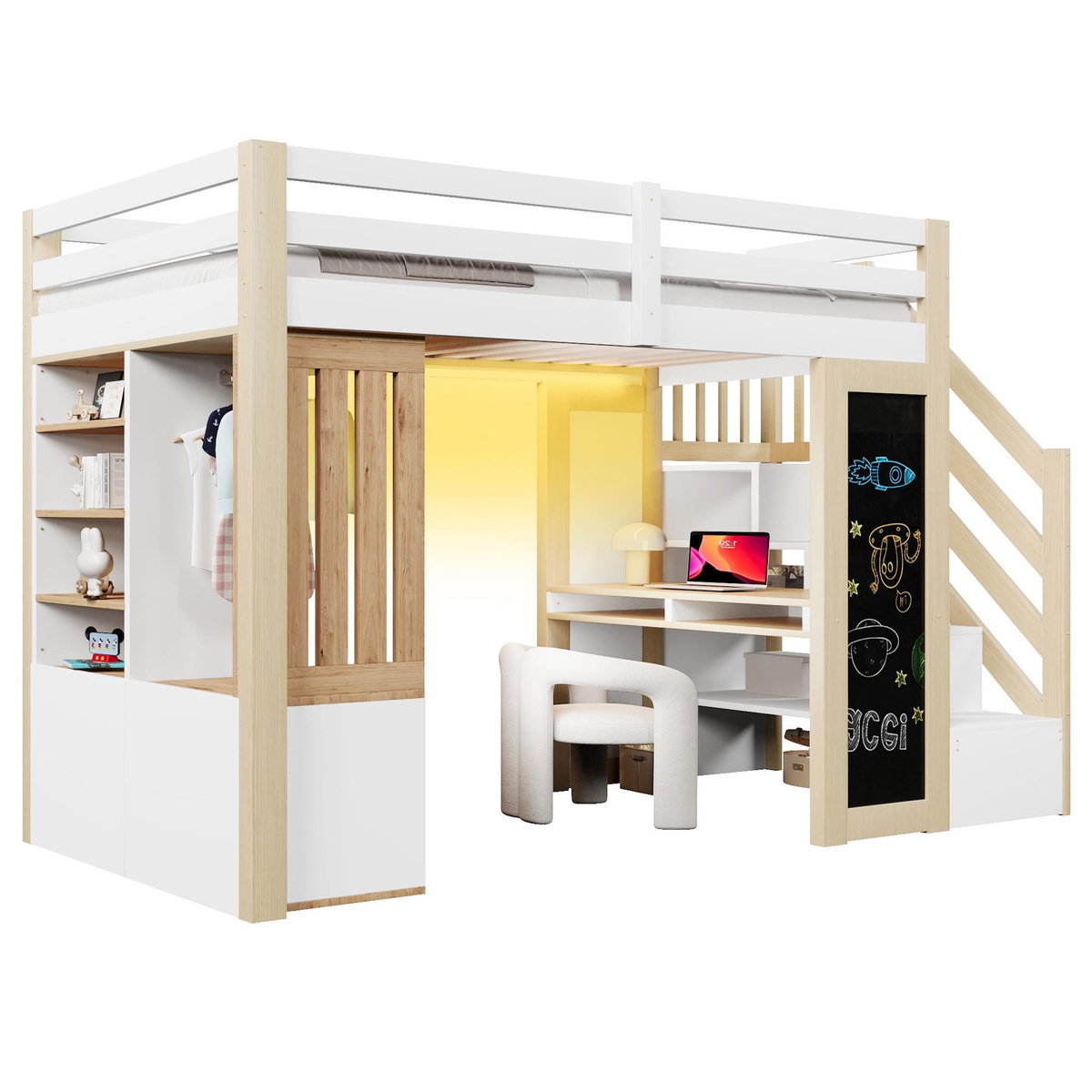 MERAX Lit combiné enfant 90x200 cm coloris blanc+naturel led pin