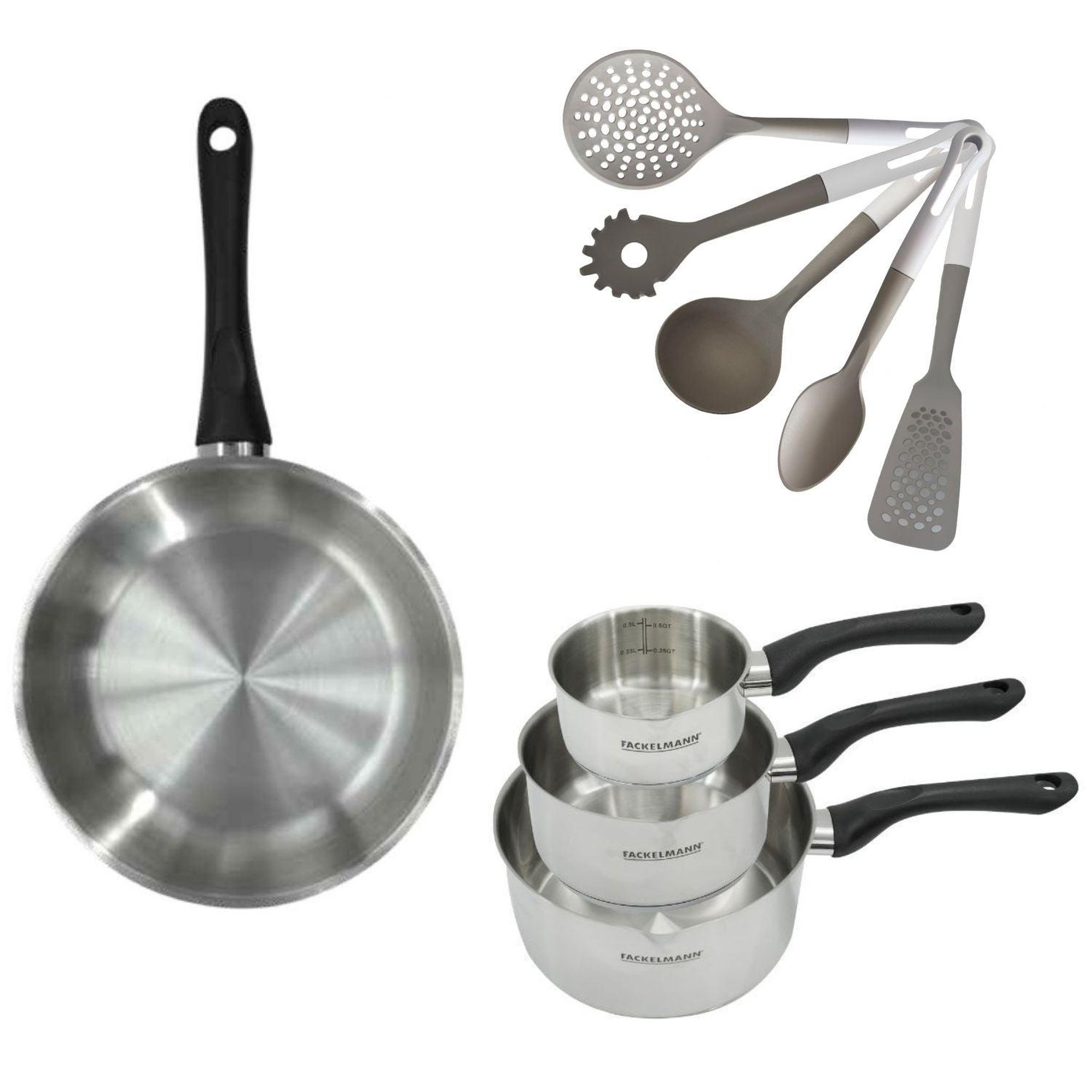 Fackelmann Batterie de cuisine avec 3 casseroles 12/16/20 cm et 1 poêle 28 cm avec 5 ustensiles de cuisine fackelmann généva vario