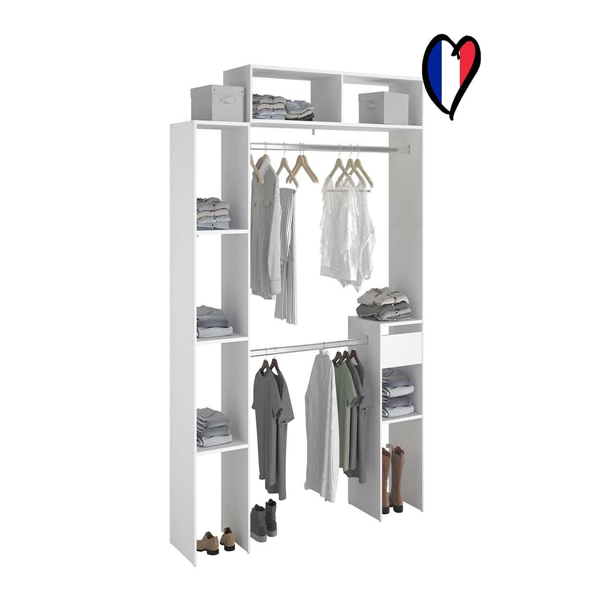 Voir la diapositive 2 : CONCEPT USINE Dressing blanc extensible avec 2 penderies 4 étagères et 1 tiroir elysee