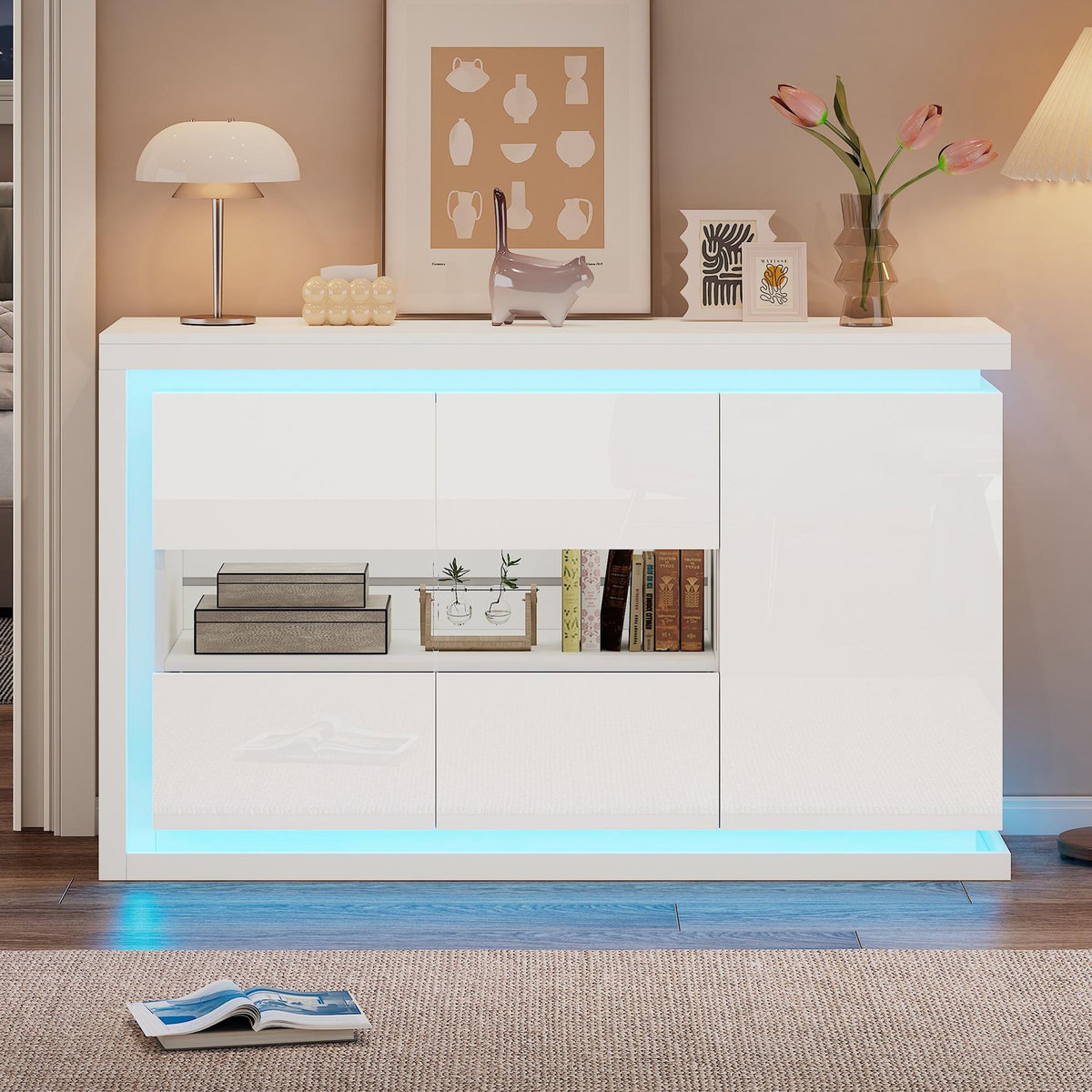 MERAX Buffet 3 porte(s) 0 tiroir(s) - 140 cm blanc led panneau de particules
