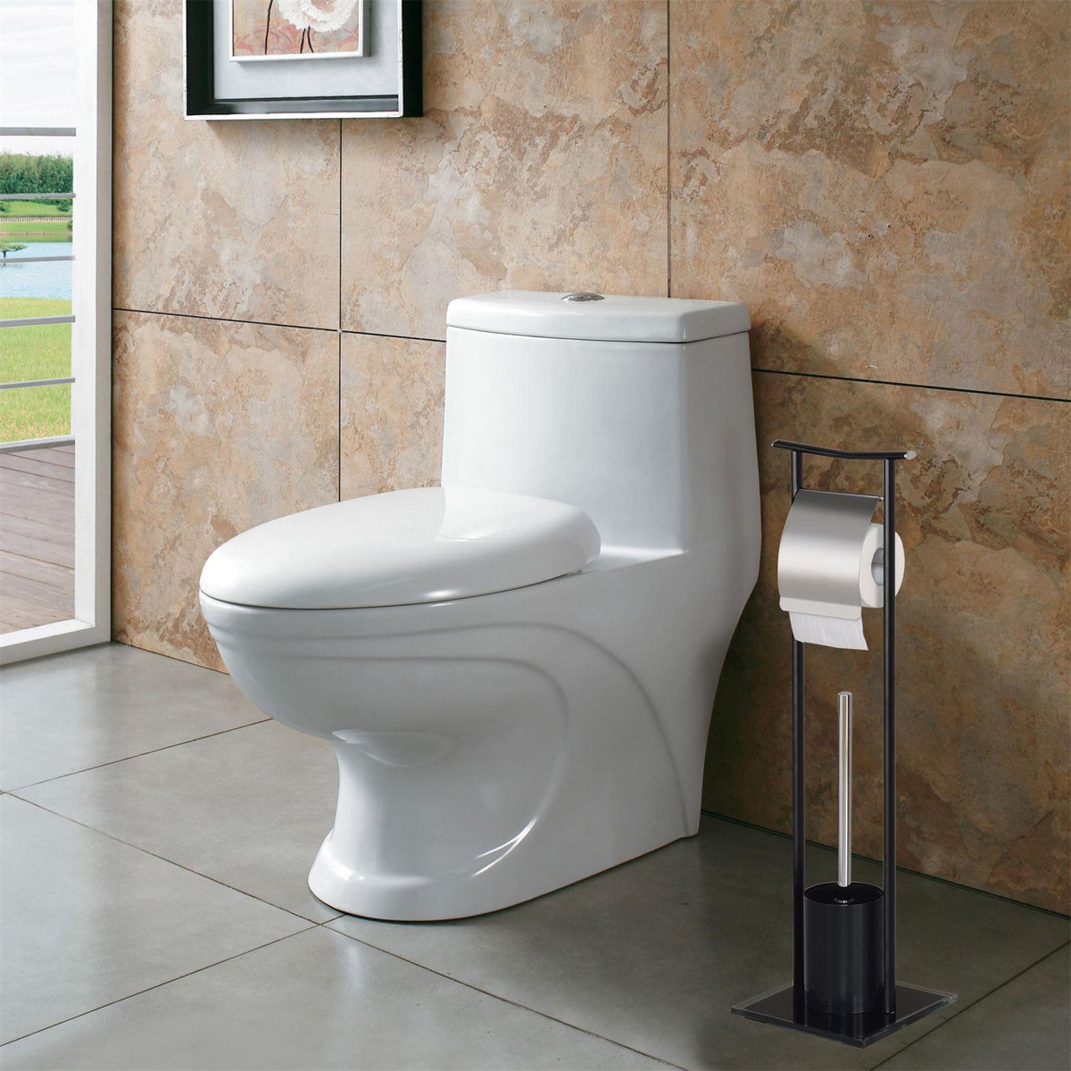 IDIMEX Porte-papier toilette dérouleur ONA avec brosse, métal et verre trempé noirs